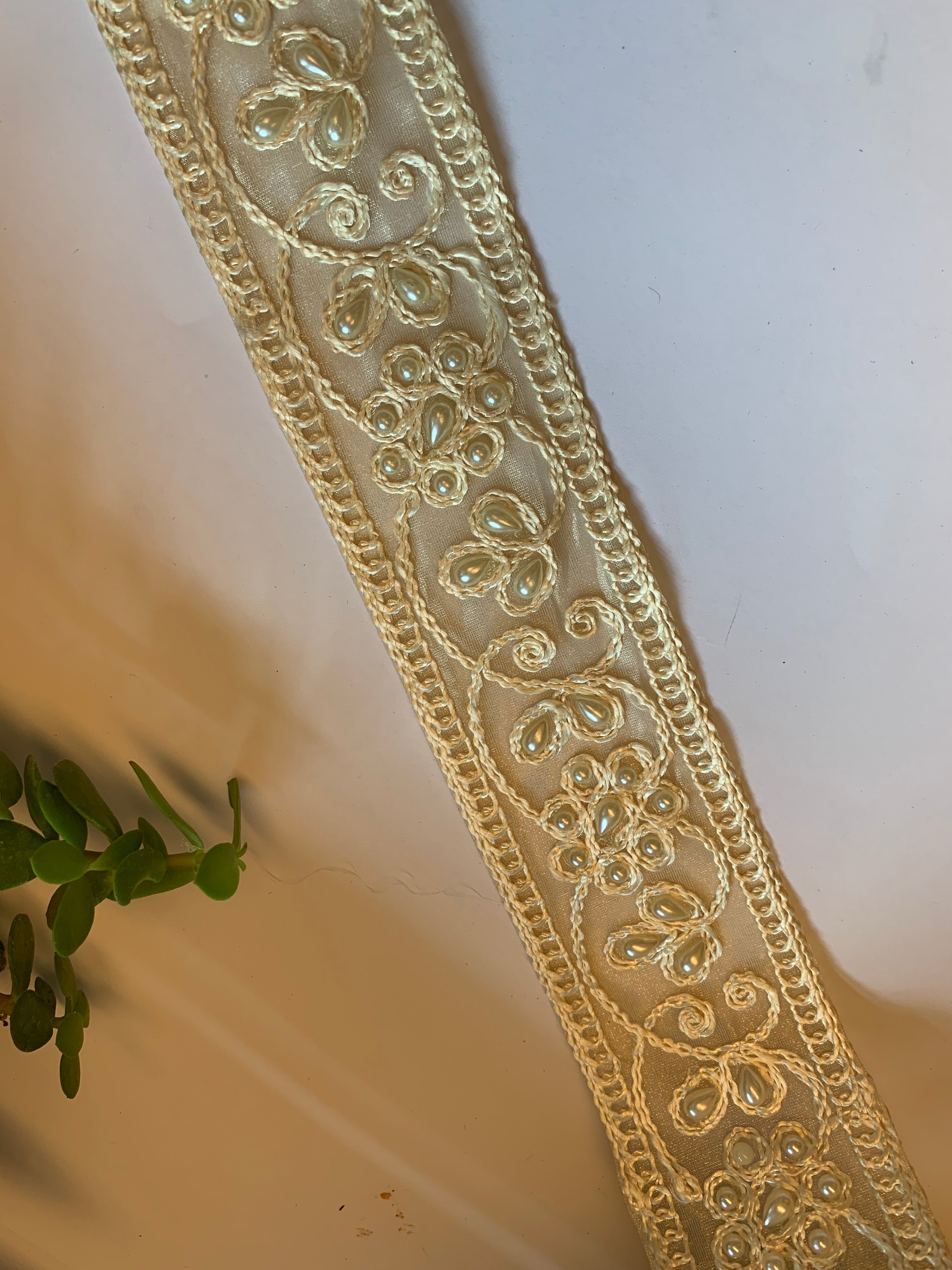 Ornate Faux-Pearl Embroidered Ribbon Trim
