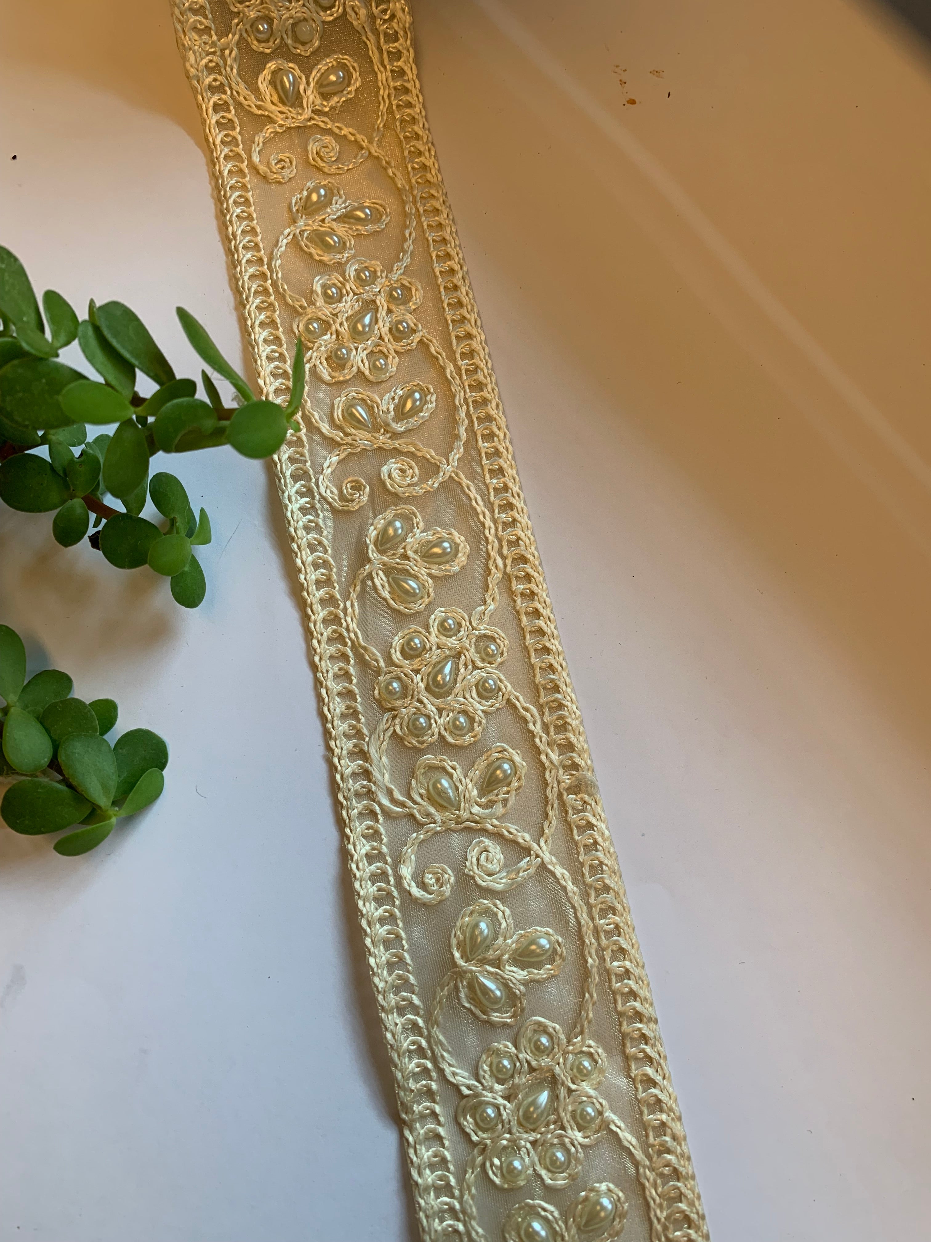 Ornate Faux-Pearl Embroidered Ribbon Trim