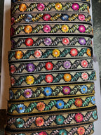 Multicolor Floral Embroidered Trim with Gold Sequin Accents – Boho Style Decorative Border