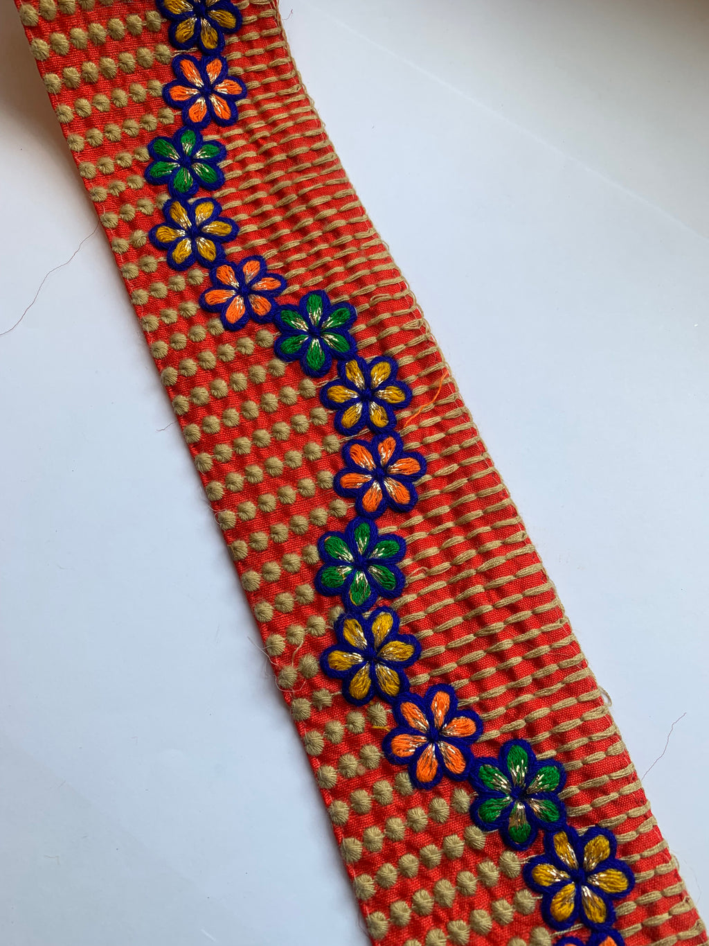Premium Multicolored Floral Embroidered Cotton Lace Trim with Textured Geometric Borders