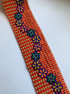 Premium Multicolored Floral Embroidered Cotton Lace Trim with Textured Geometric Borders