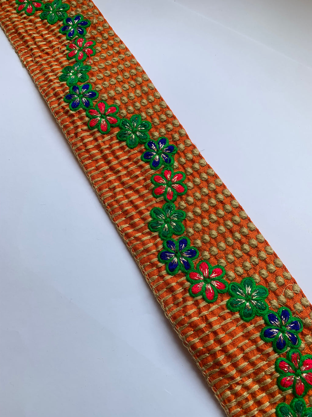 Premium Multicolored Floral Embroidered Cotton Lace Trim with Textured Geometric Borders
