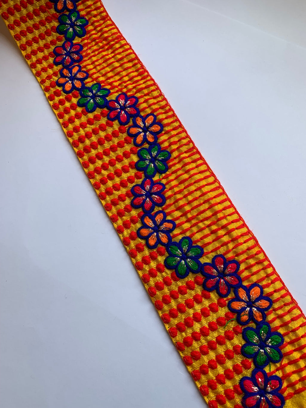 Premium Multicolored Floral Embroidered Cotton Lace Trim with Textured Geometric Borders