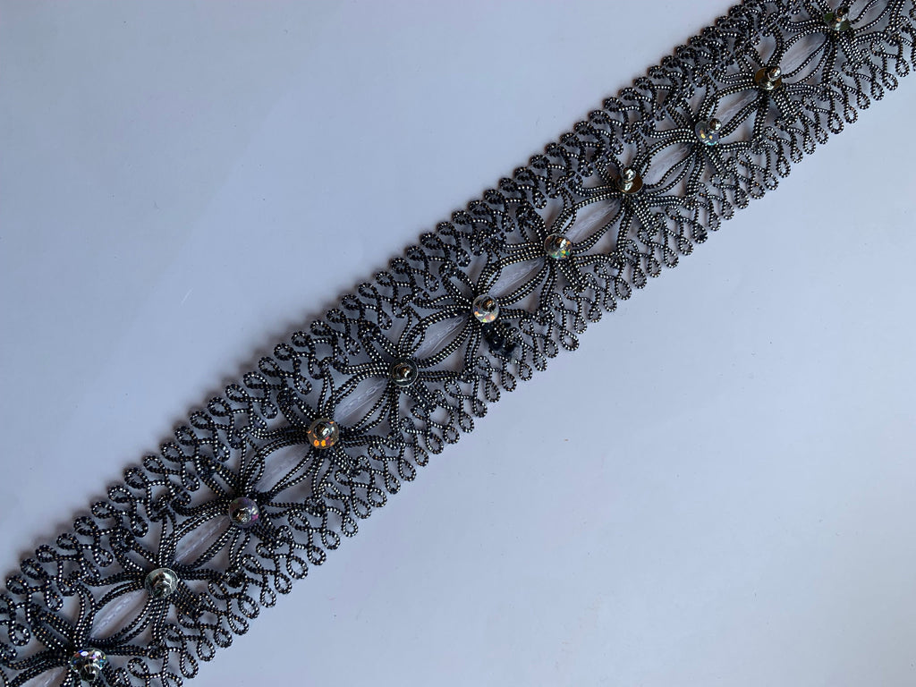 Floral Lace Trim with Sparkling Sequin Accents - Versatile Braided Mesh Embroidery