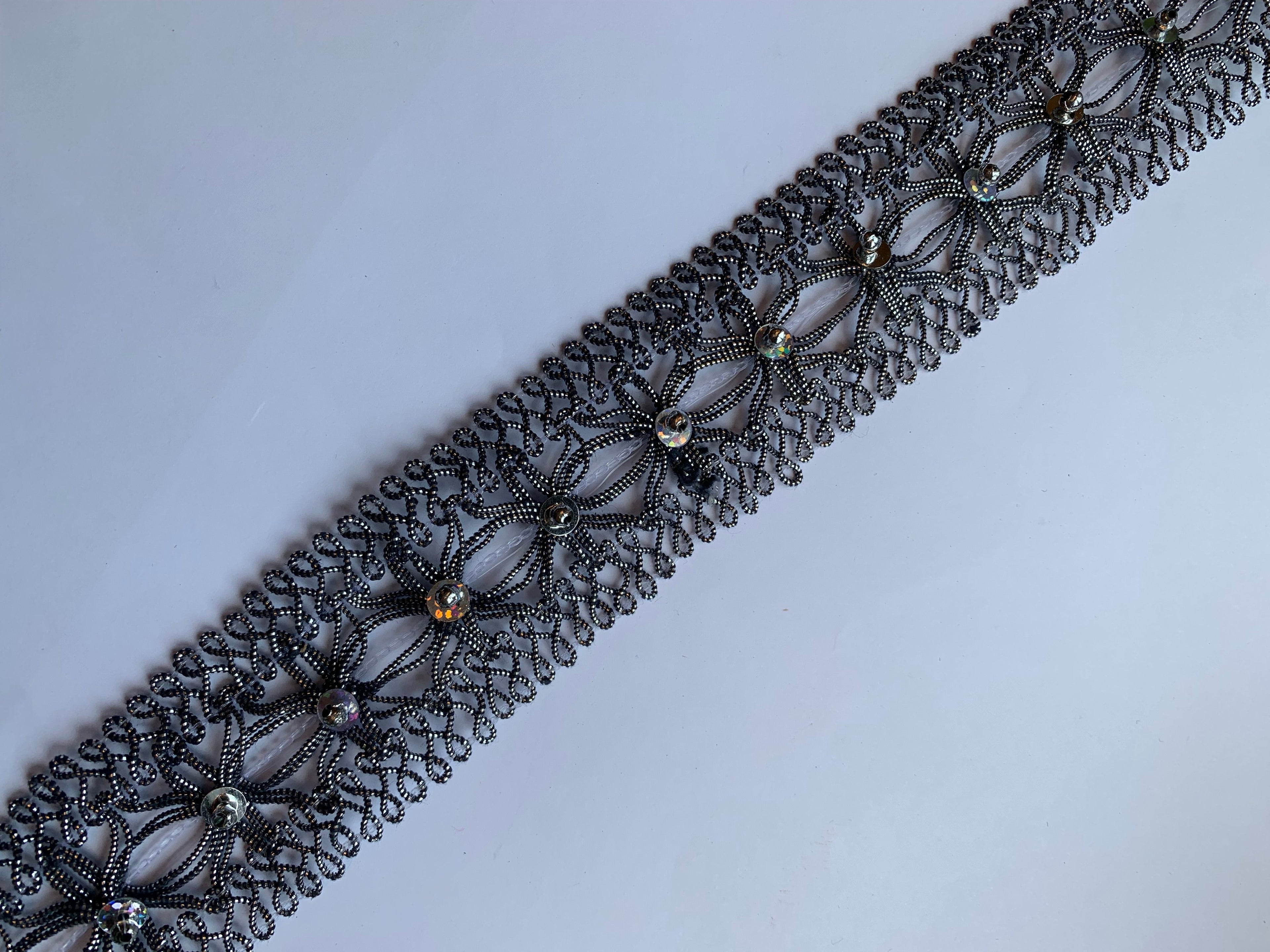 Floral Lace Trim with Sparkling Sequin Accents - Versatile Braided Mesh Embroidery