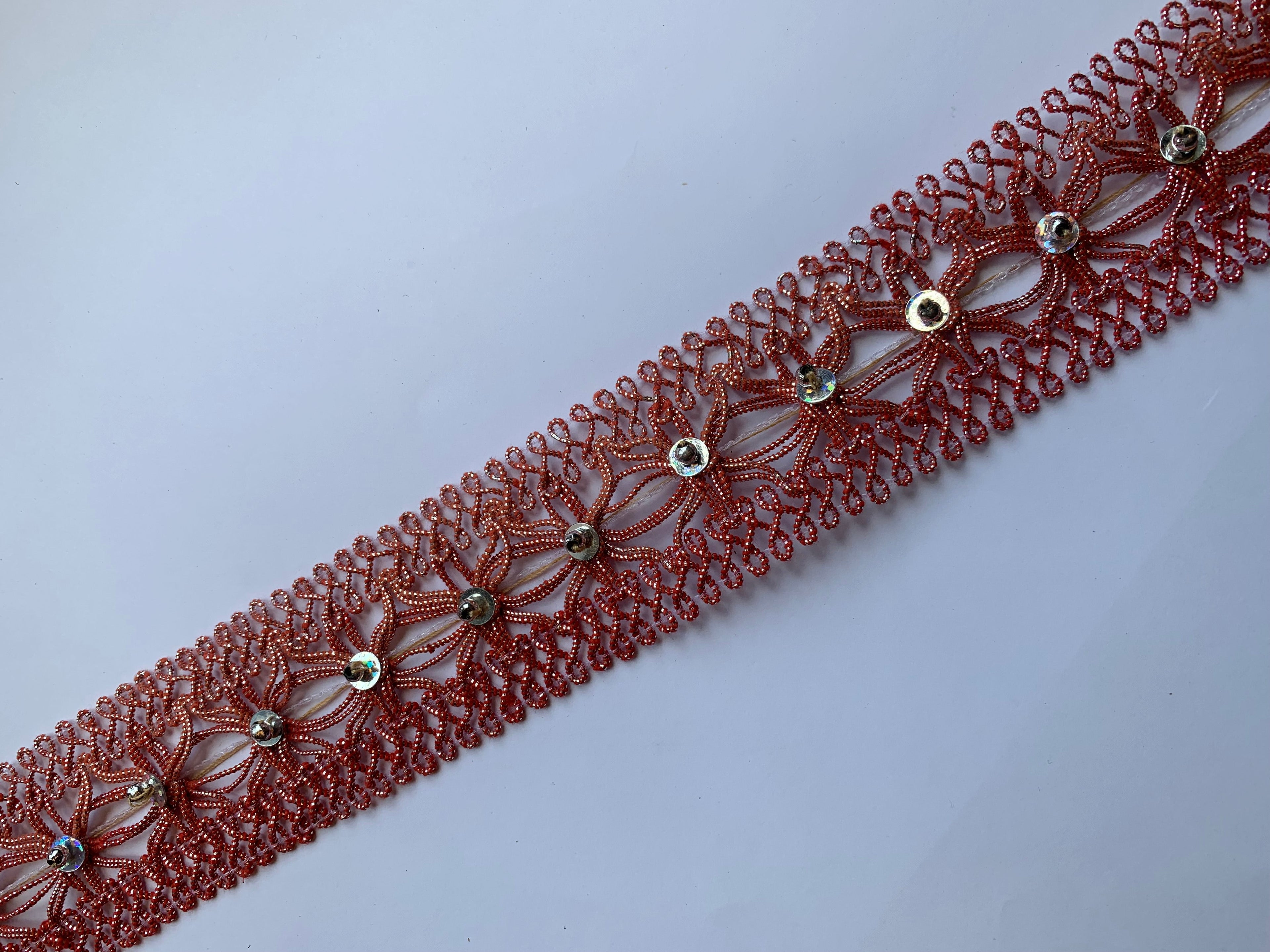 Floral Lace Trim with Sparkling Sequin Accents - Versatile Braided Mesh Embroidery