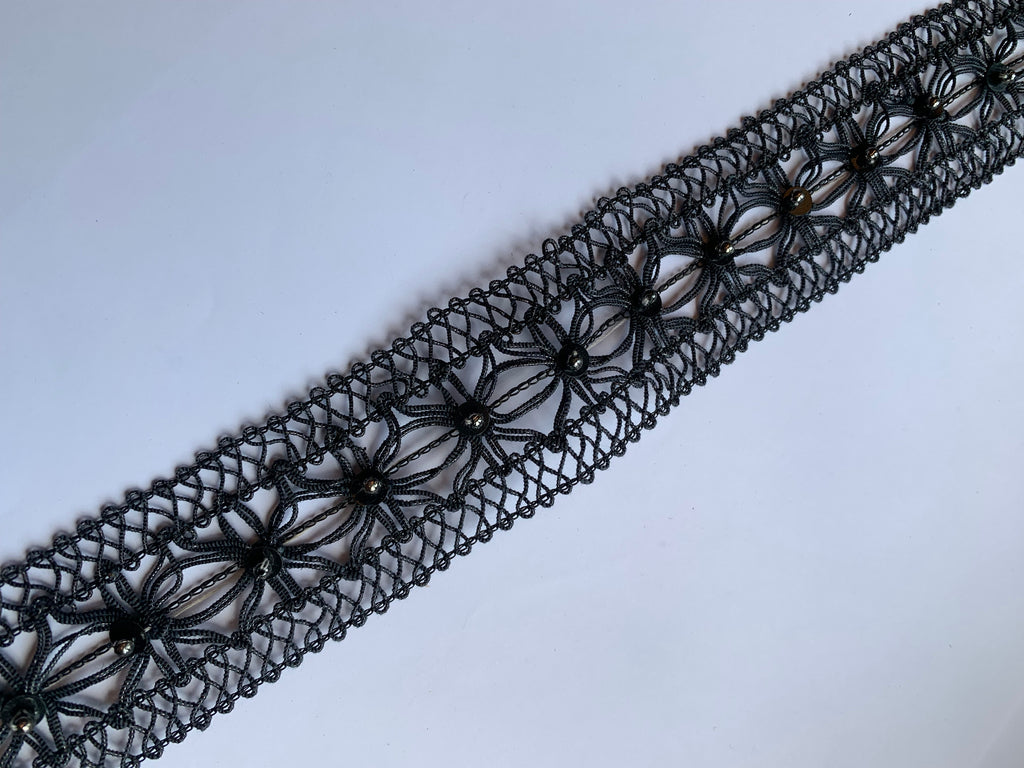 Floral Lace Trim with Sparkling Sequin Accents - Versatile Braided Mesh Embroidery