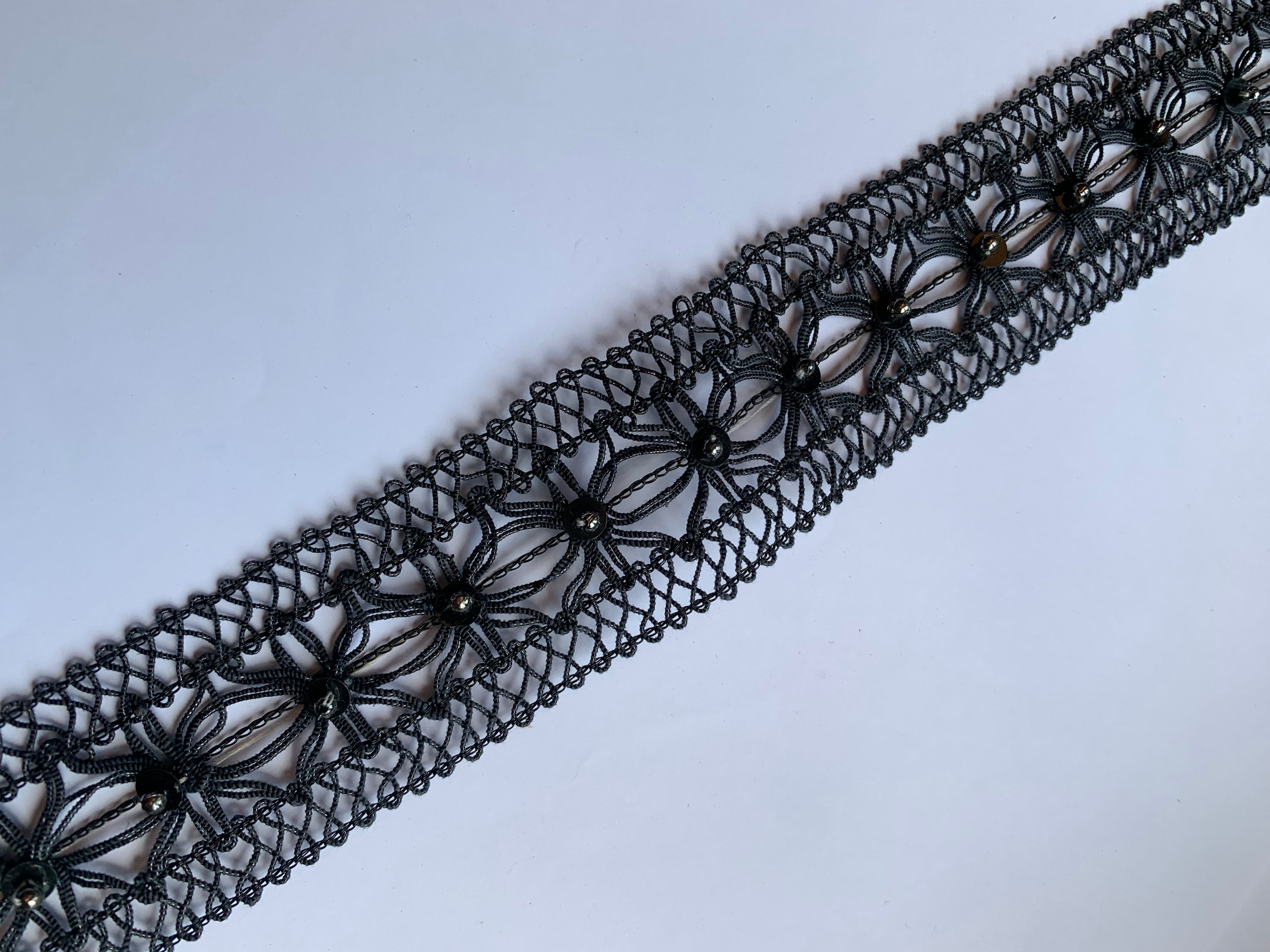 Floral Lace Trim with Sparkling Sequin Accents - Versatile Braided Mesh Embroidery