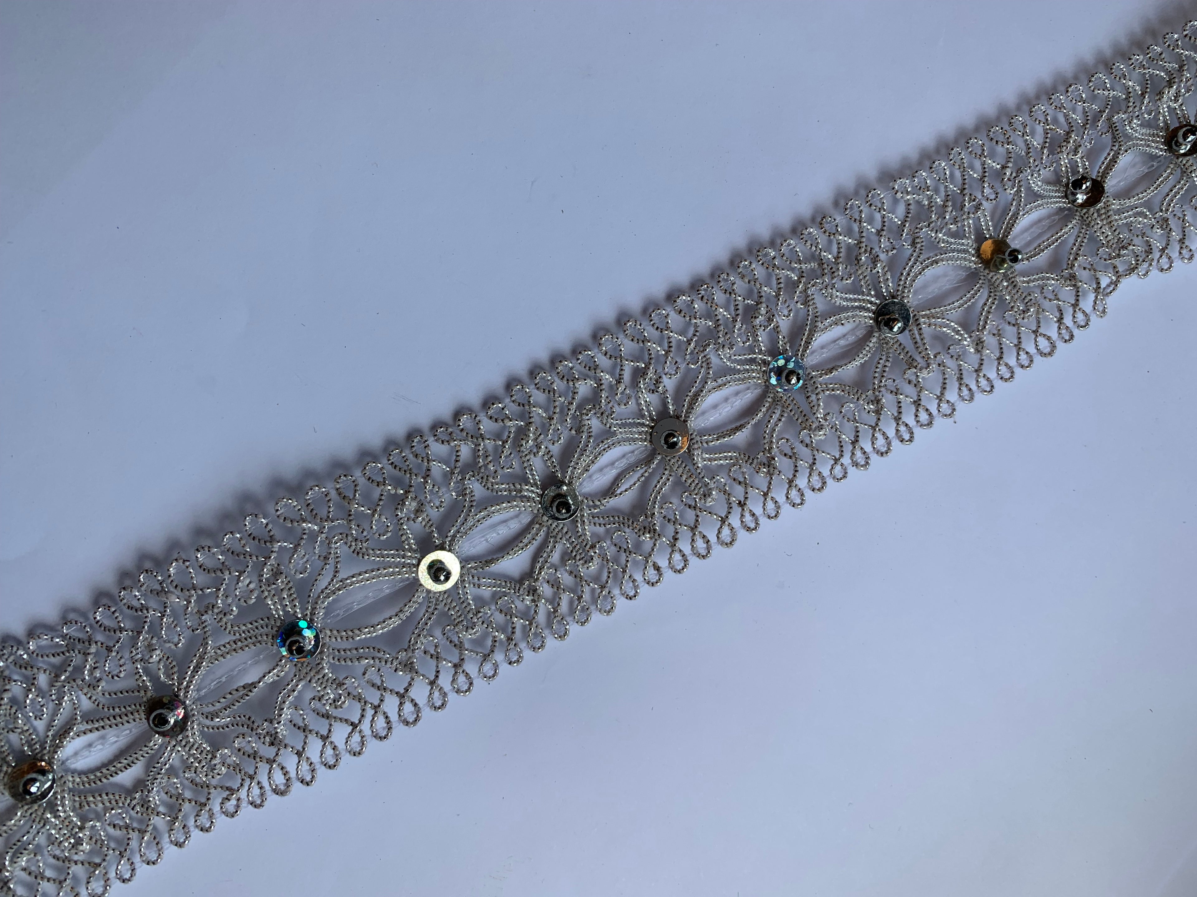 Floral Lace Trim with Sparkling Sequin Accents - Versatile Braided Mesh Embroidery