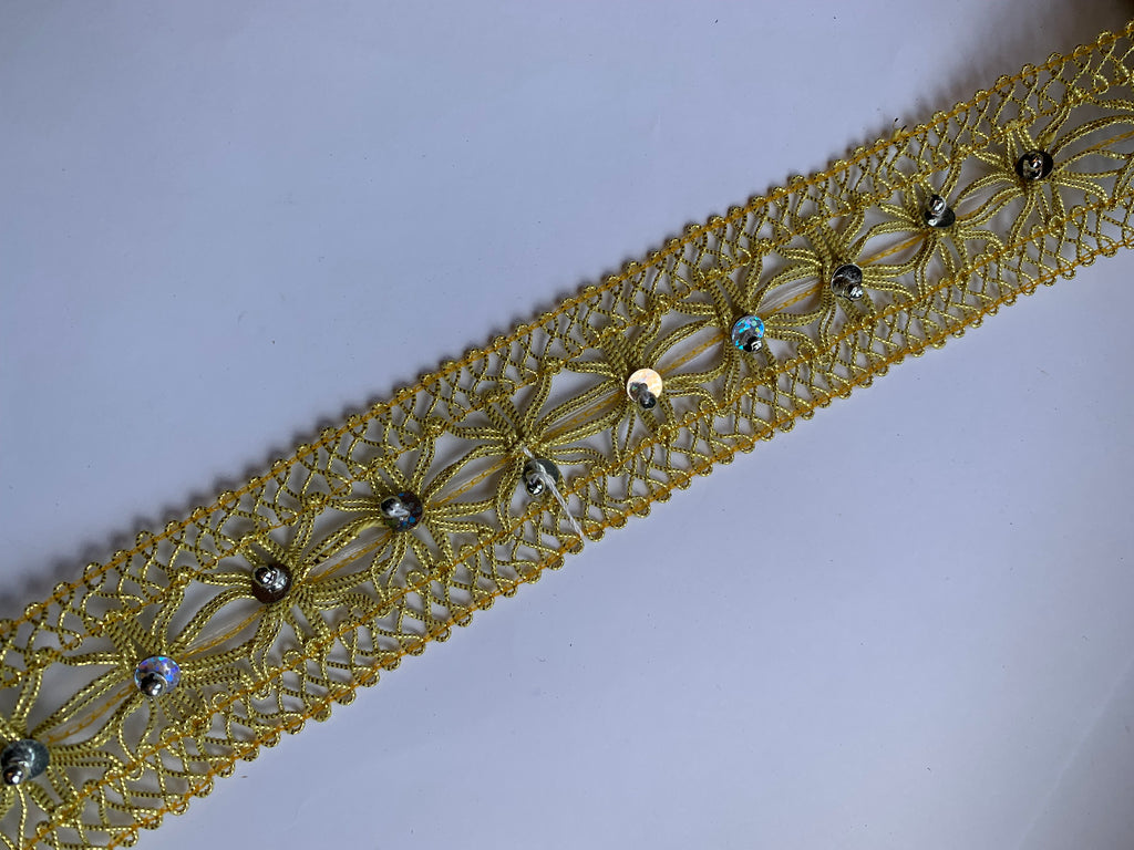 Floral Lace Trim with Sparkling Sequin Accents - Versatile Braided Mesh Embroidery