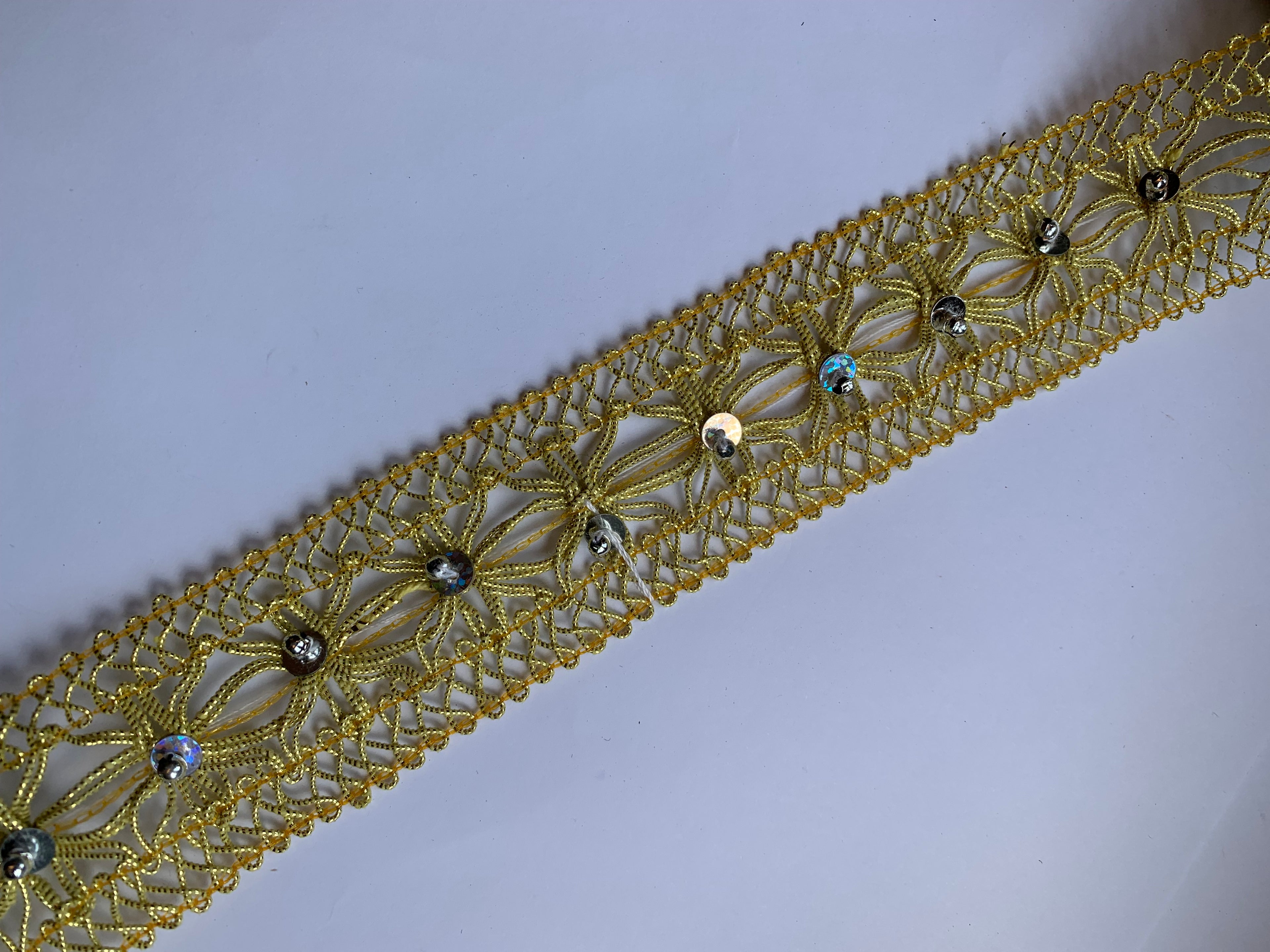 Floral Lace Trim with Sparkling Sequin Accents - Versatile Braided Mesh Embroidery