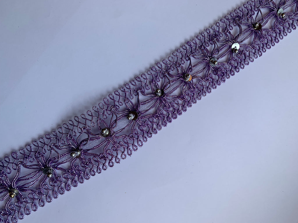 Floral Lace Trim with Sparkling Sequin Accents - Versatile Braided Mesh Embroidery
