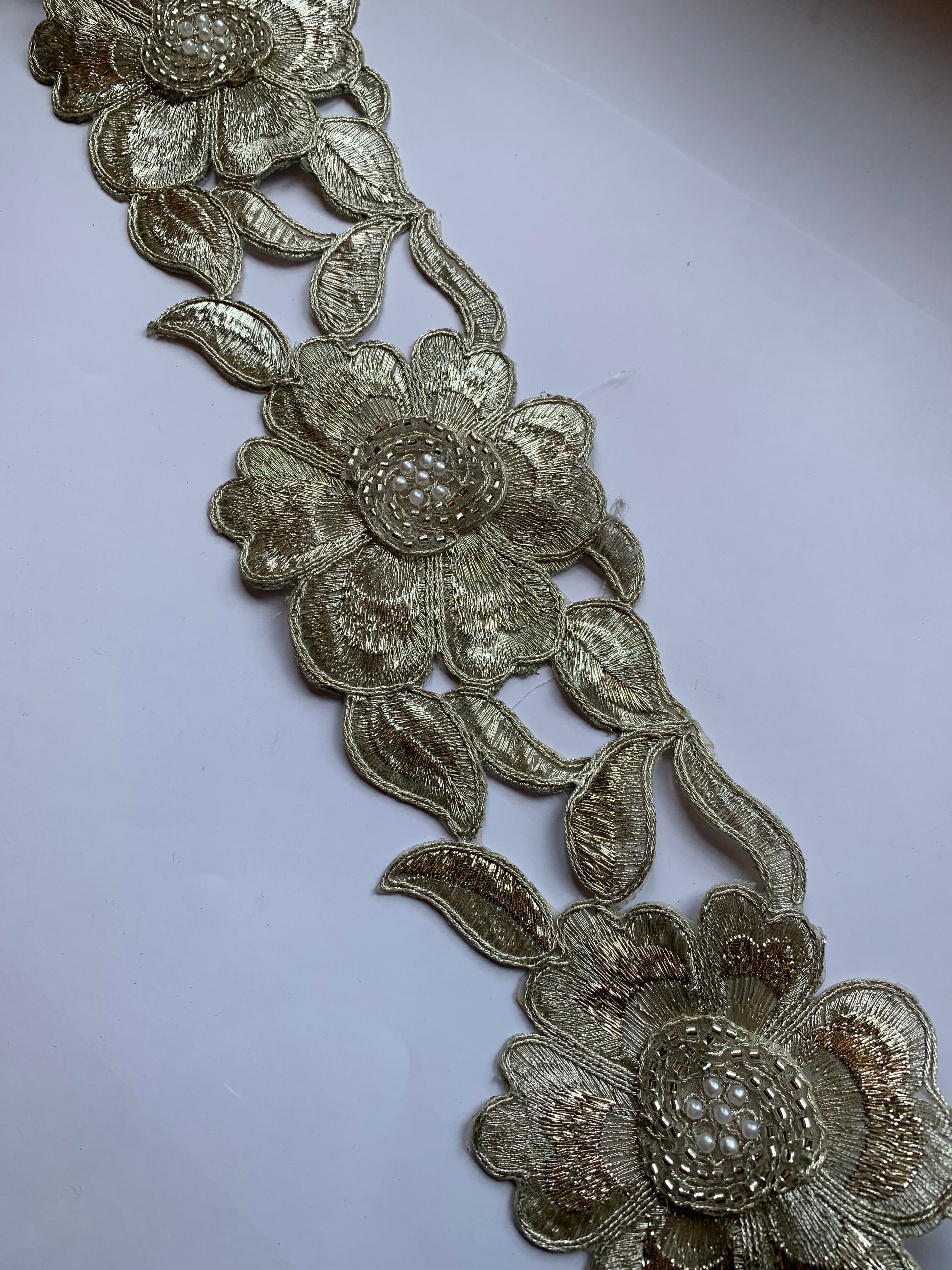 Product Title: Premium Metallic Rose Gold & Silver 3D Floral Pearl Lace Trim
