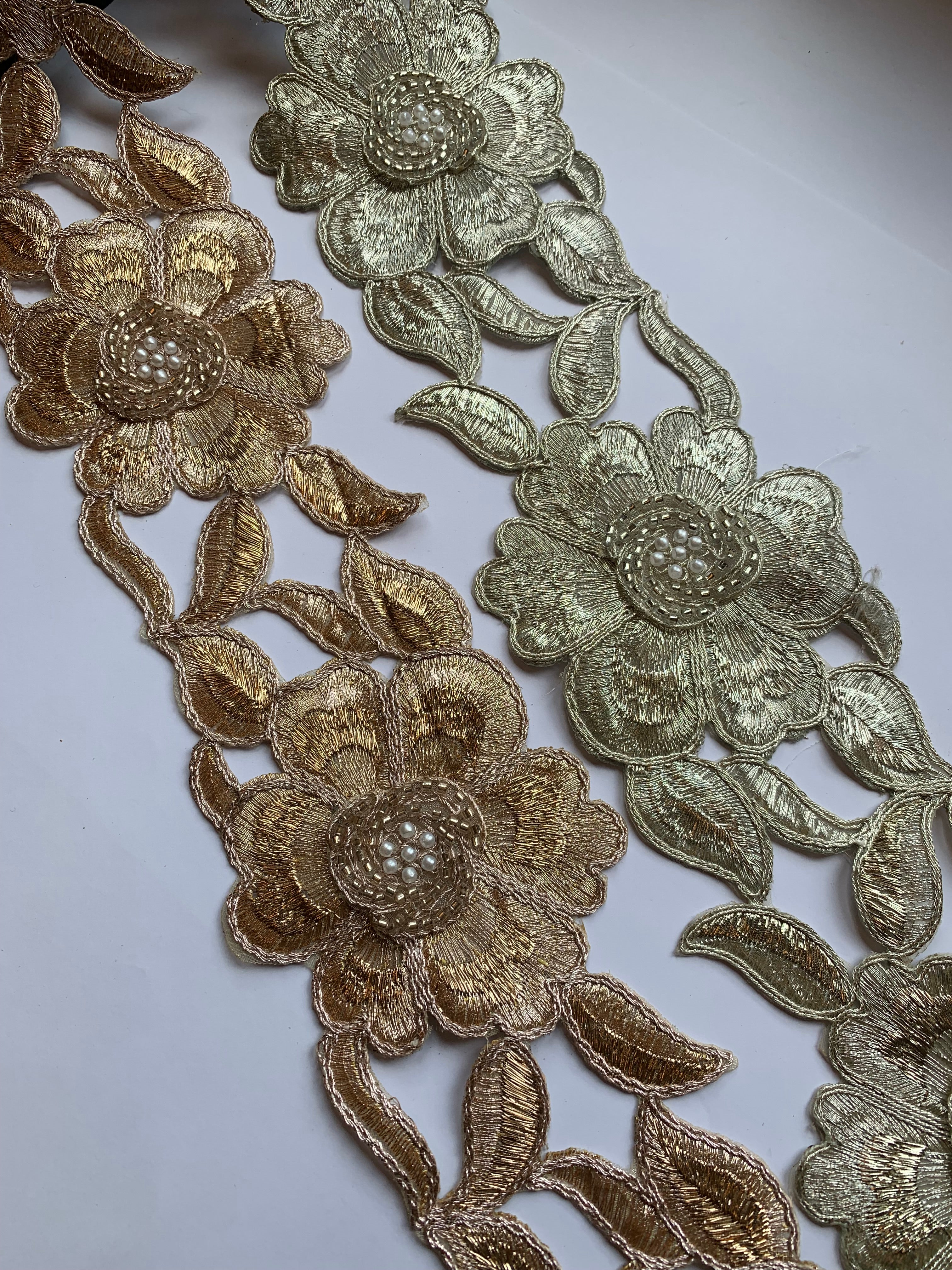 Product Title: Premium Metallic Rose Gold & Silver 3D Floral Pearl Lace Trim