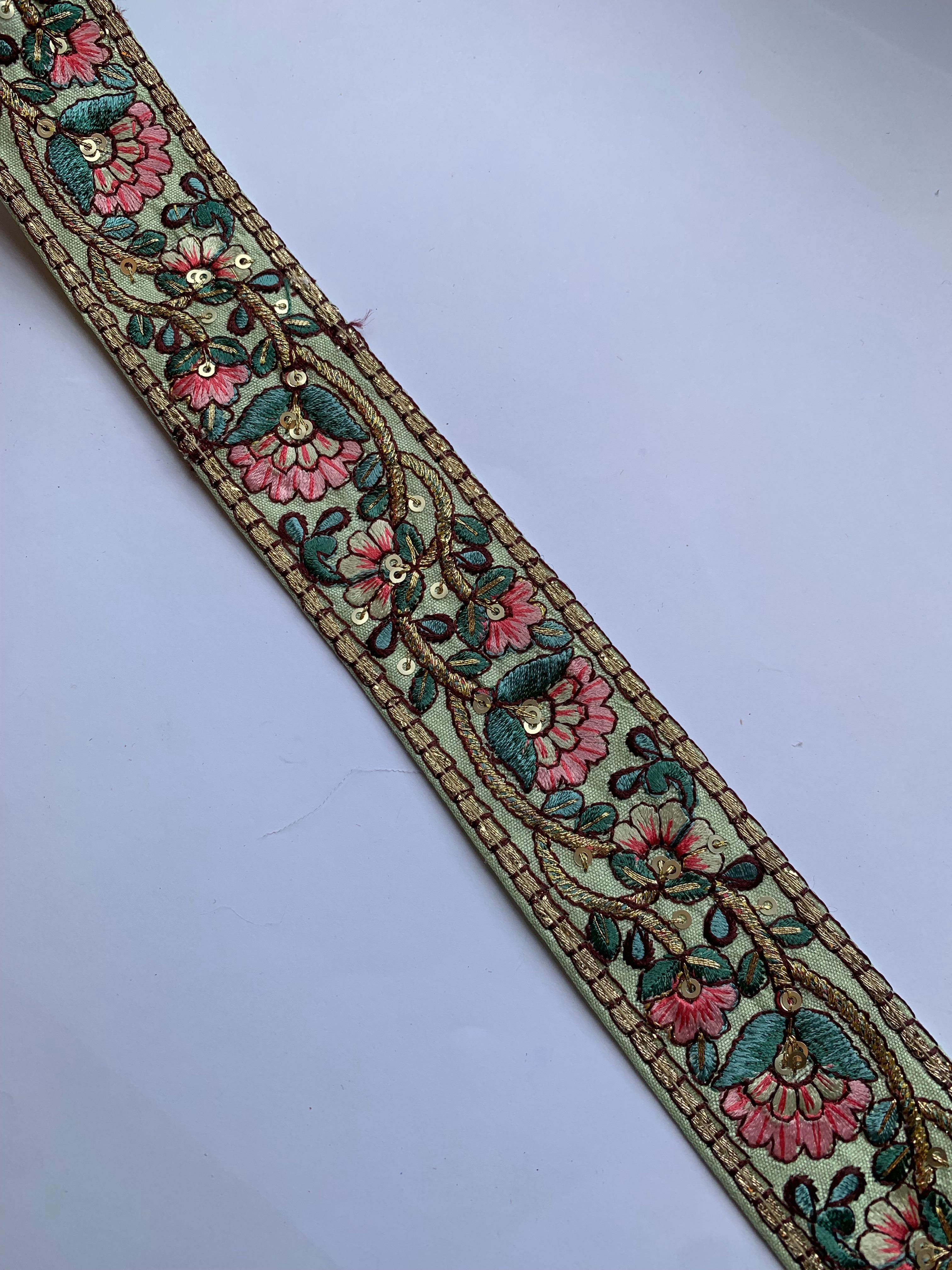 Premium Silk Thread Floral Vine & Golden Zari Embroidered Trim