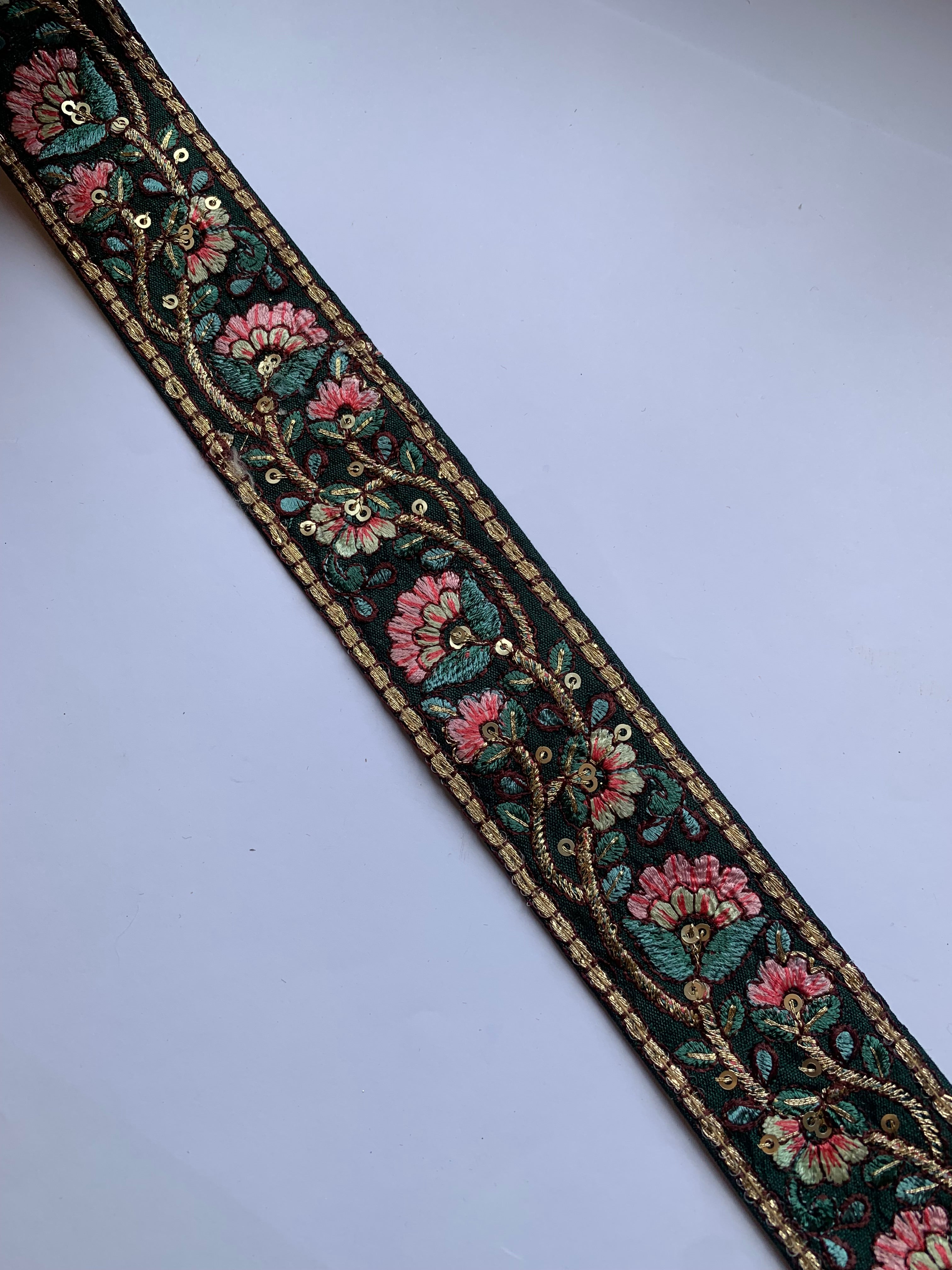 Premium Silk Thread Floral Vine & Golden Zari Embroidered Trim