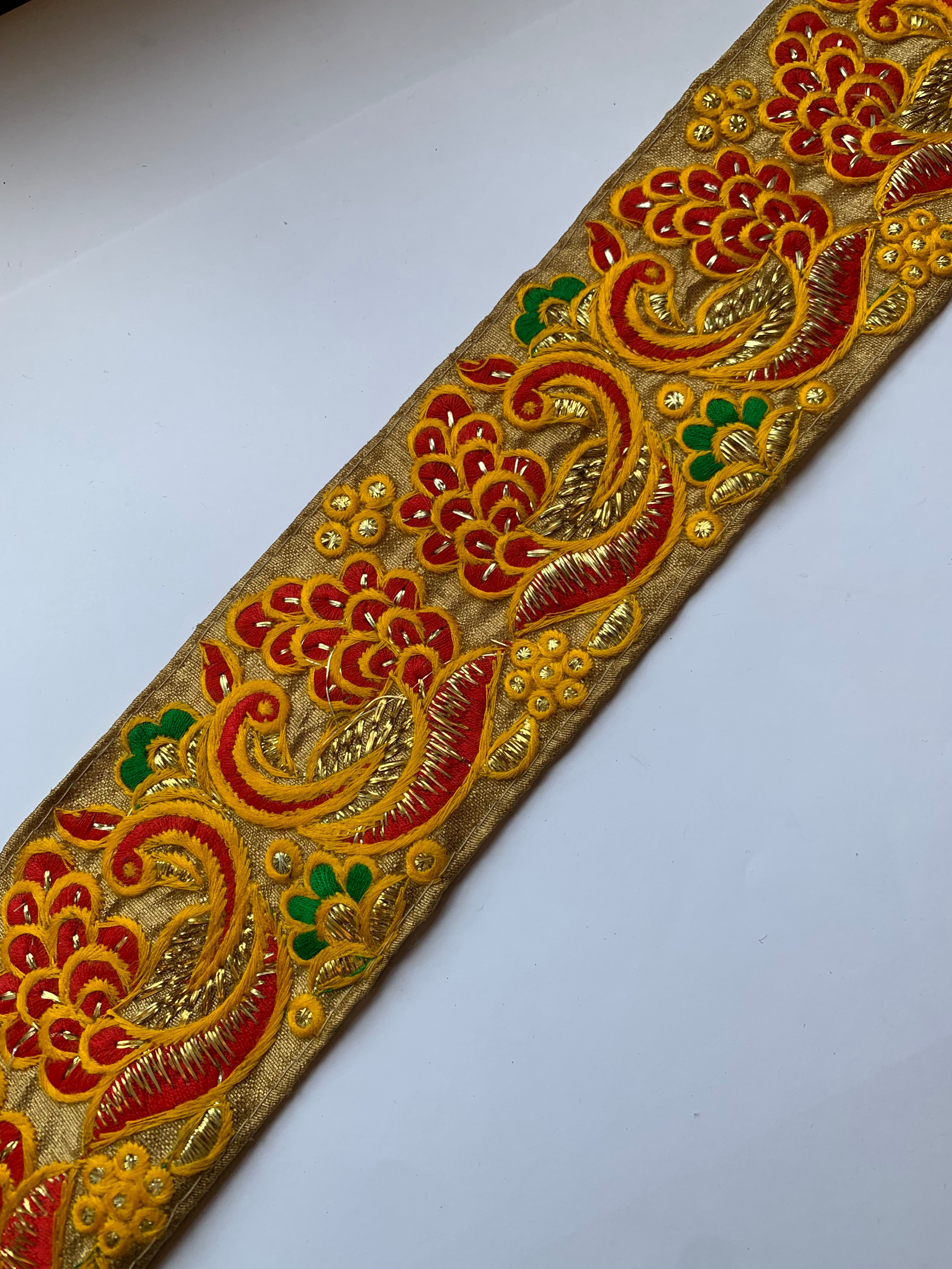 Vibrant Embroidered Peacock Motif Fabric Border
