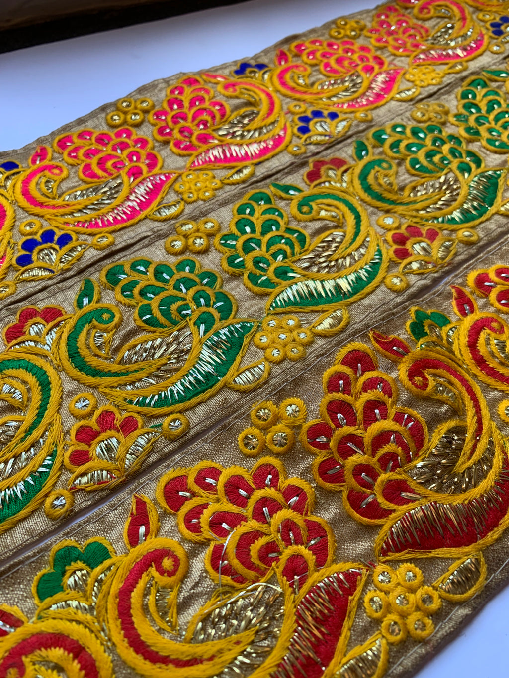 Vibrant Embroidered Peacock Motif Fabric Border