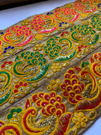 Vibrant Embroidered Peacock Motif Fabric Border
