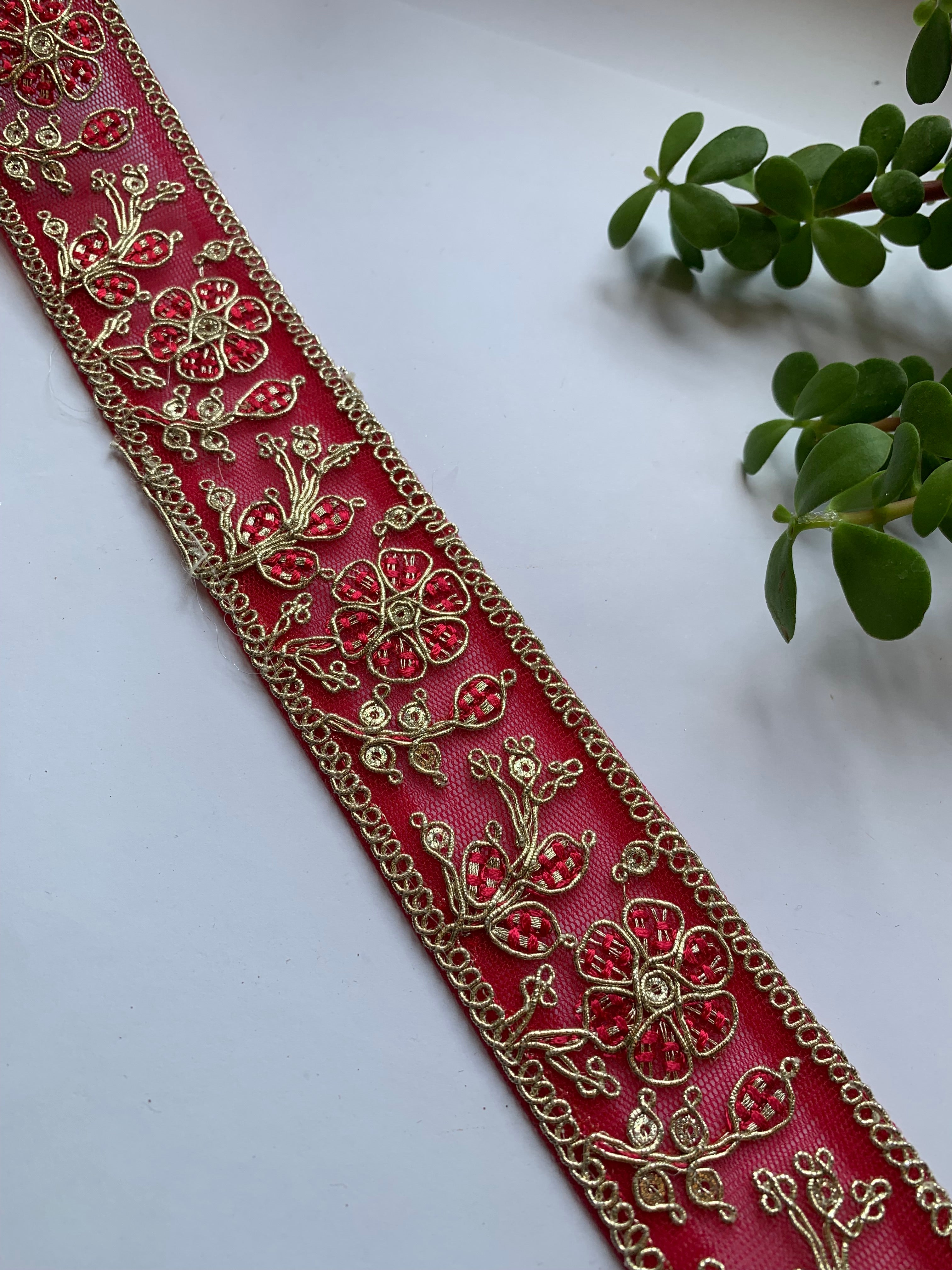 Multi-Color Floral Embroidered Net Lace Trim with Zari Work