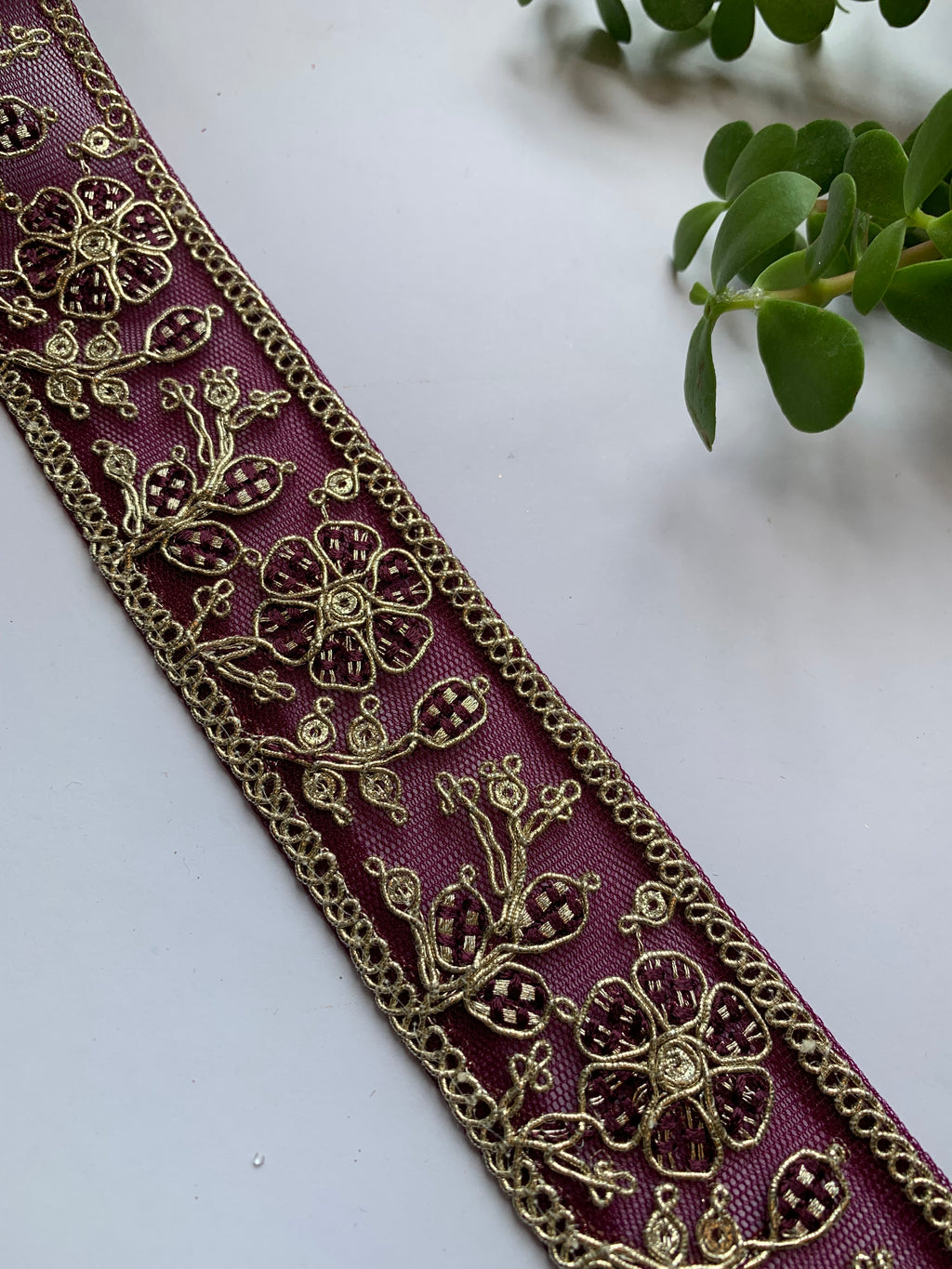 Multi-Color Floral Embroidered Net Lace Trim with Zari Work