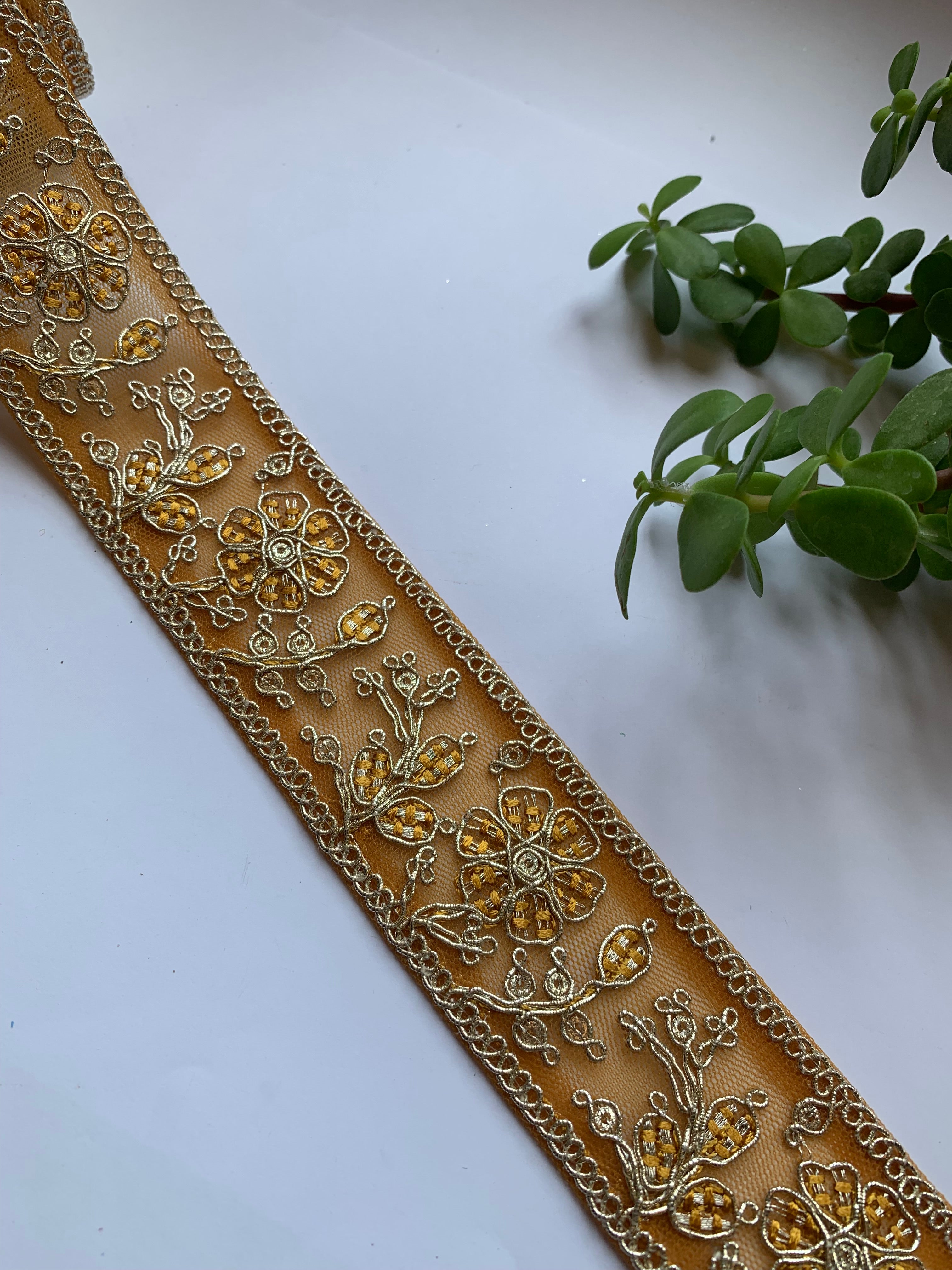 Multi-Color Floral Embroidered Net Lace Trim with Zari Work