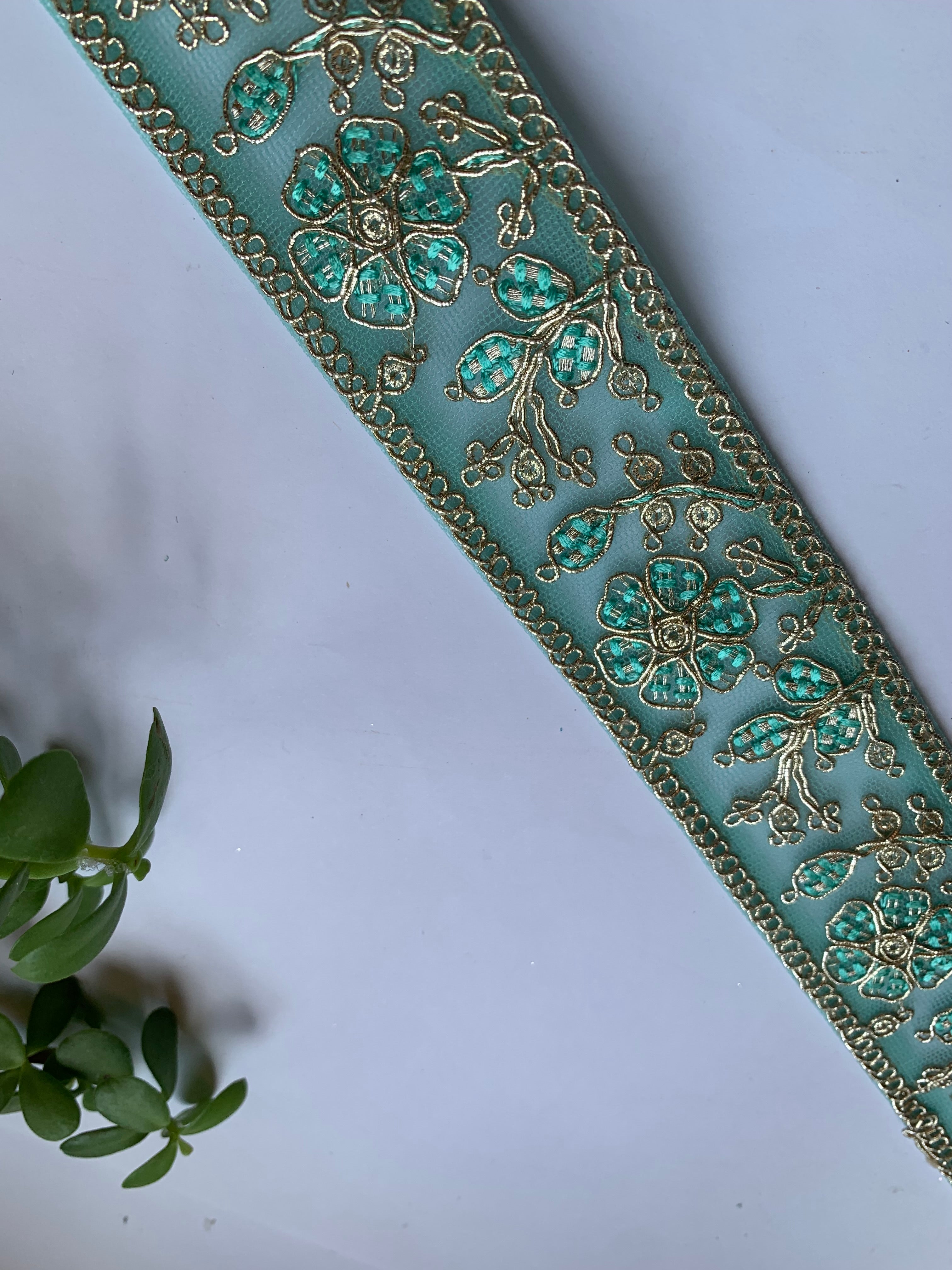 Multi-Color Floral Embroidered Net Lace Trim with Zari Work