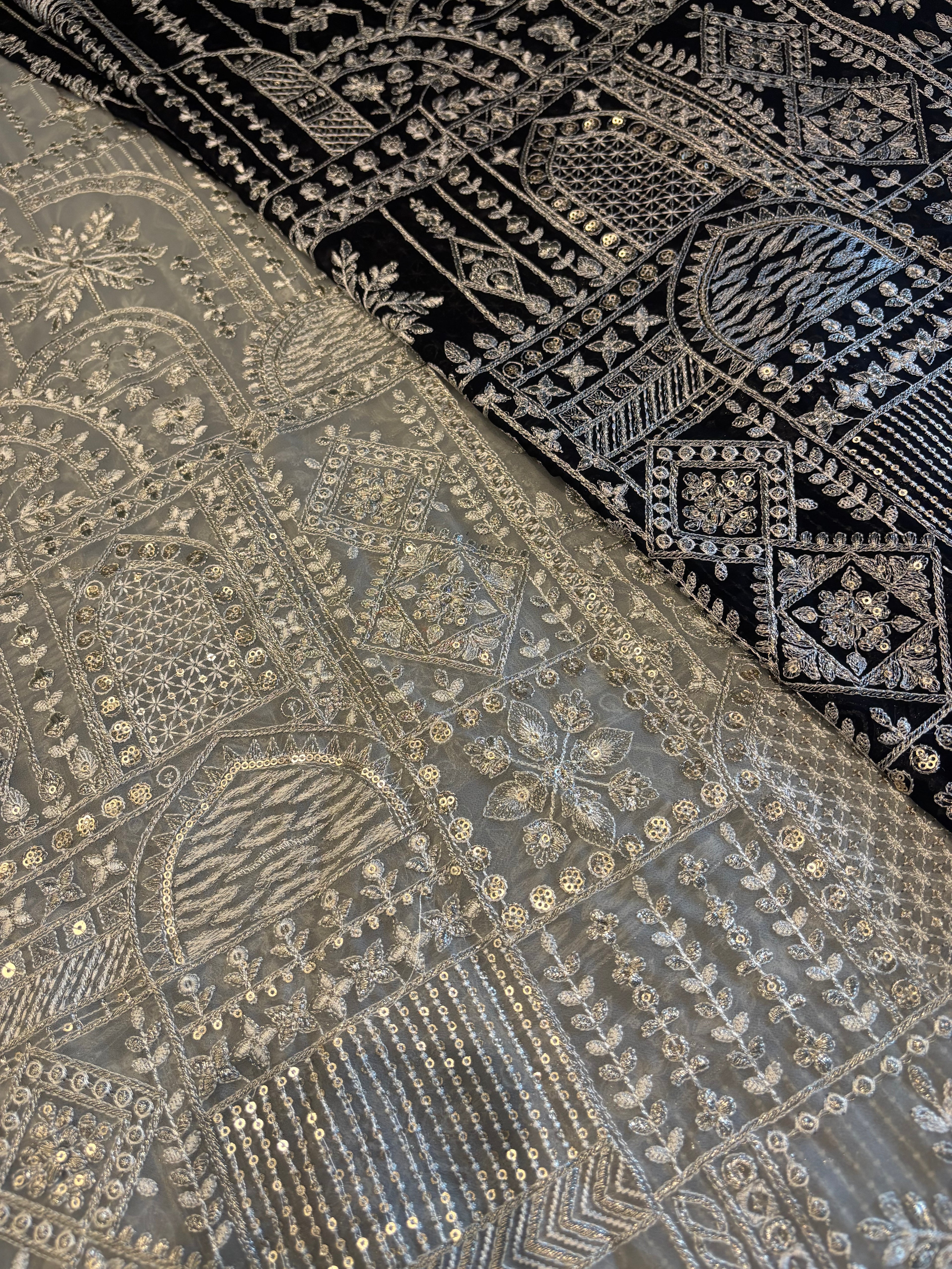 Ivory Threadwork Geometric Embroidered Fabric