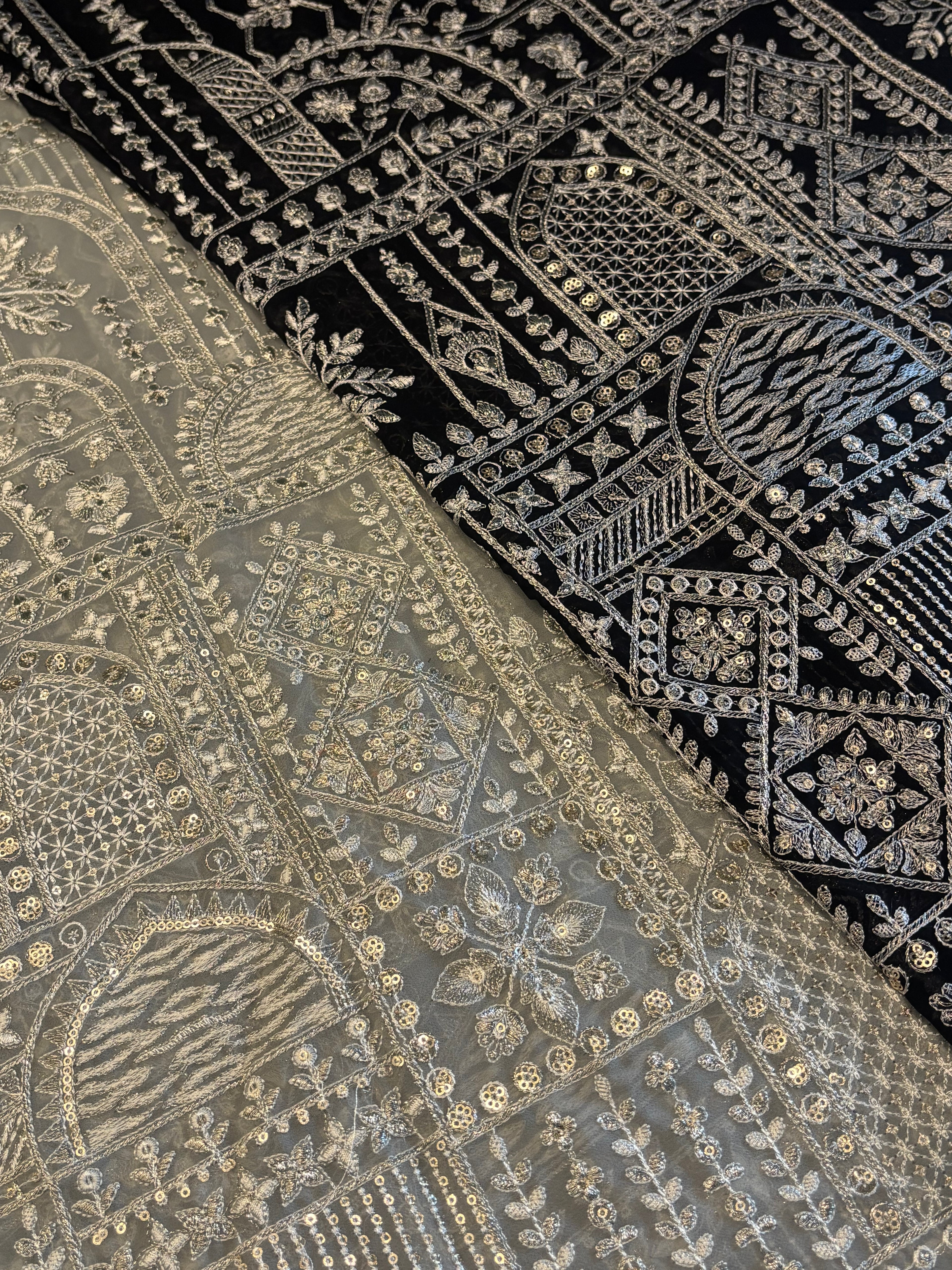 Ivory Threadwork Geometric Embroidered Fabric