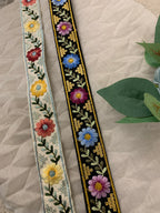 Multicolor Floral Embroidered Trim with Gold Sequin Accents – Boho Style Decorative Border