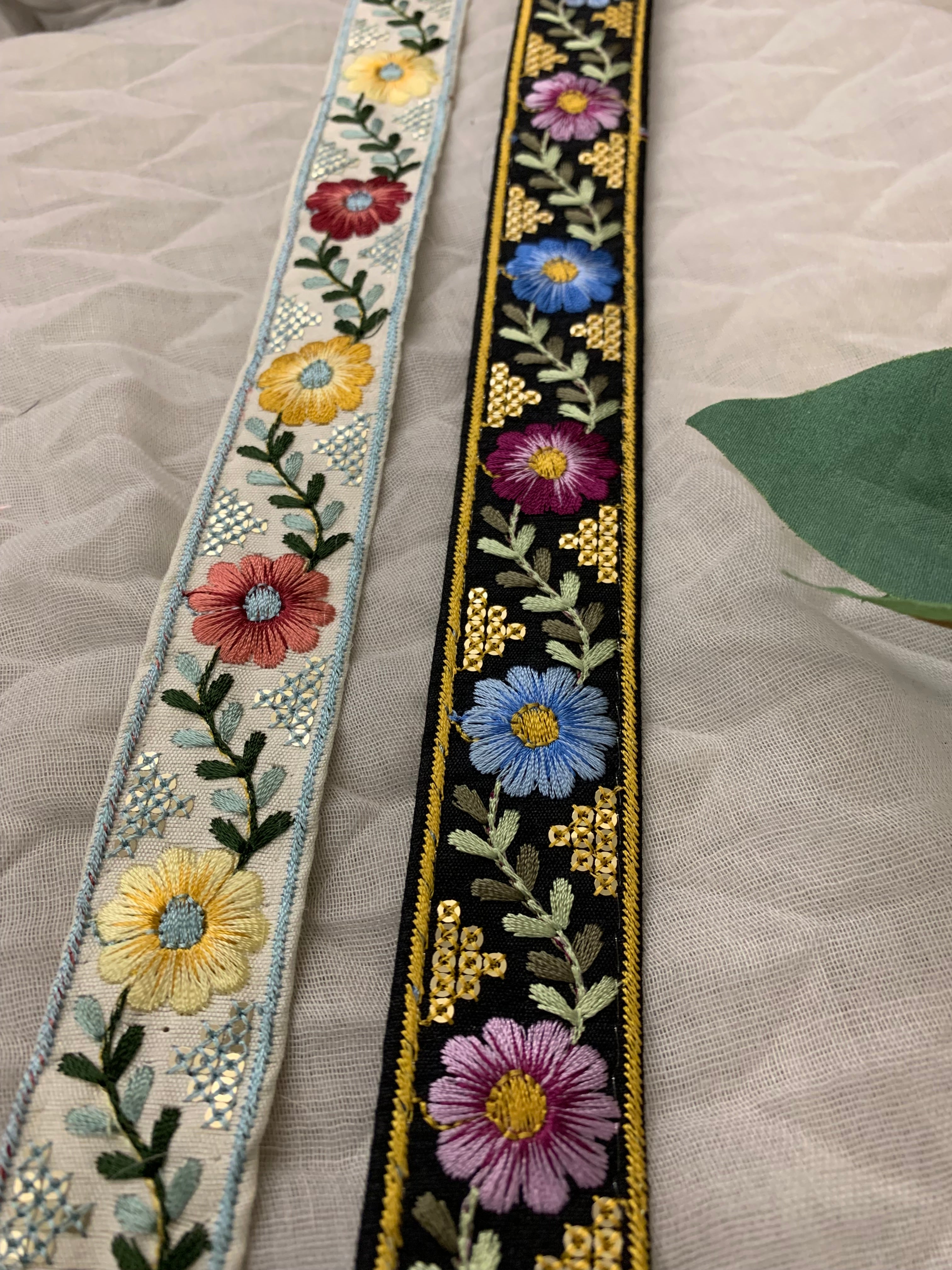 Multicolor Floral Embroidered Trim with Gold Sequin Accents – Boho Style Decorative Border