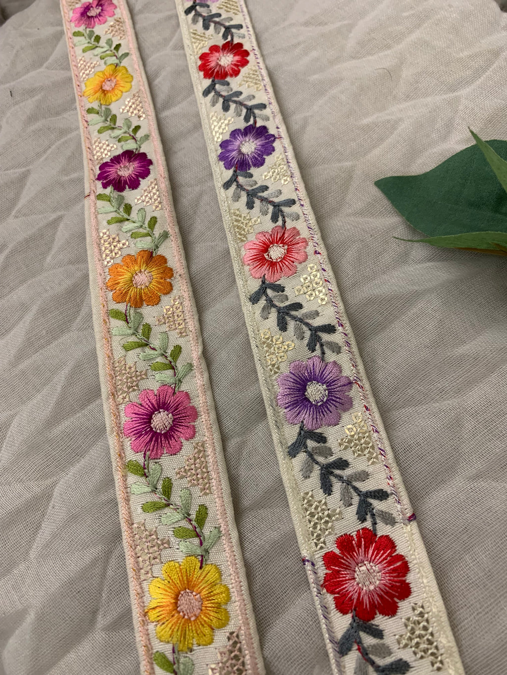 Multicolor Floral Embroidered Trim with Gold Sequin Accents – Boho Style Decorative Border