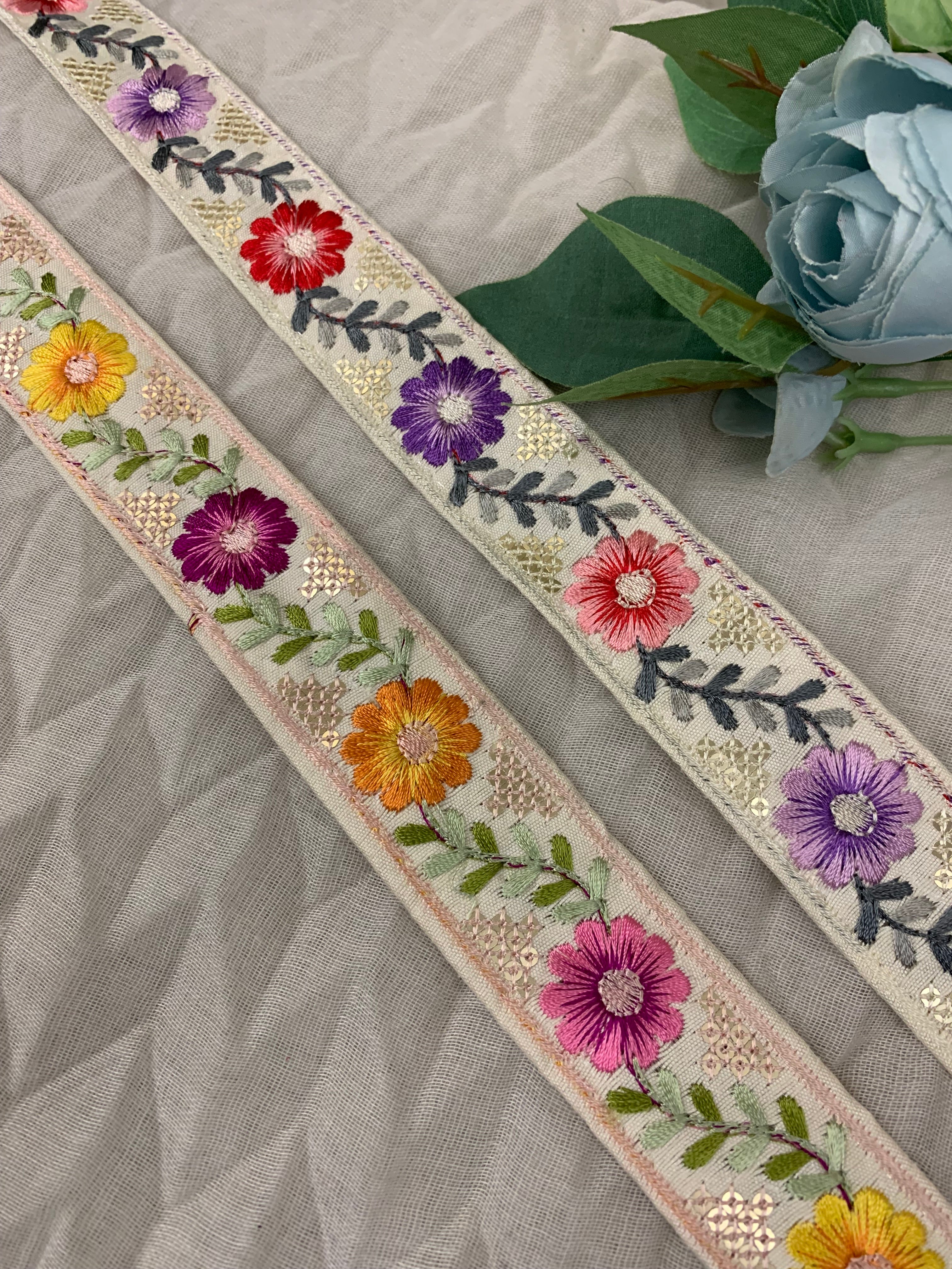 Multicolor Floral Embroidered Trim with Gold Sequin Accents – Boho Style Decorative Border