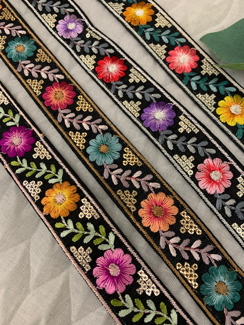 Multicolor Floral Embroidered Trim with Gold Sequin Accents – Boho Style Decorative Border
