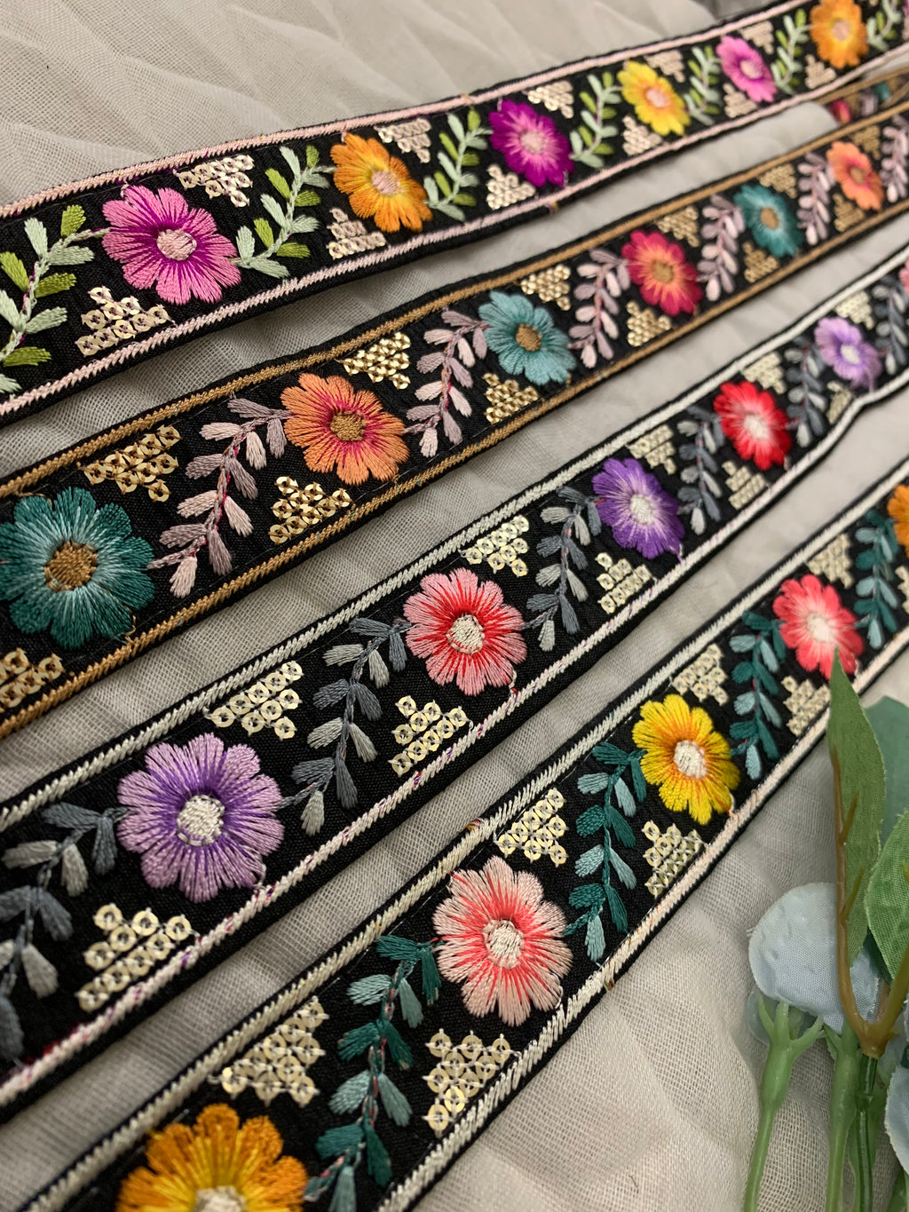 Multicolor Floral Embroidered Trim with Gold Sequin Accents – Boho Style Decorative Border