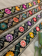 Multicolor Floral Embroidered Trim with Gold Sequin Accents – Boho Style Decorative Border