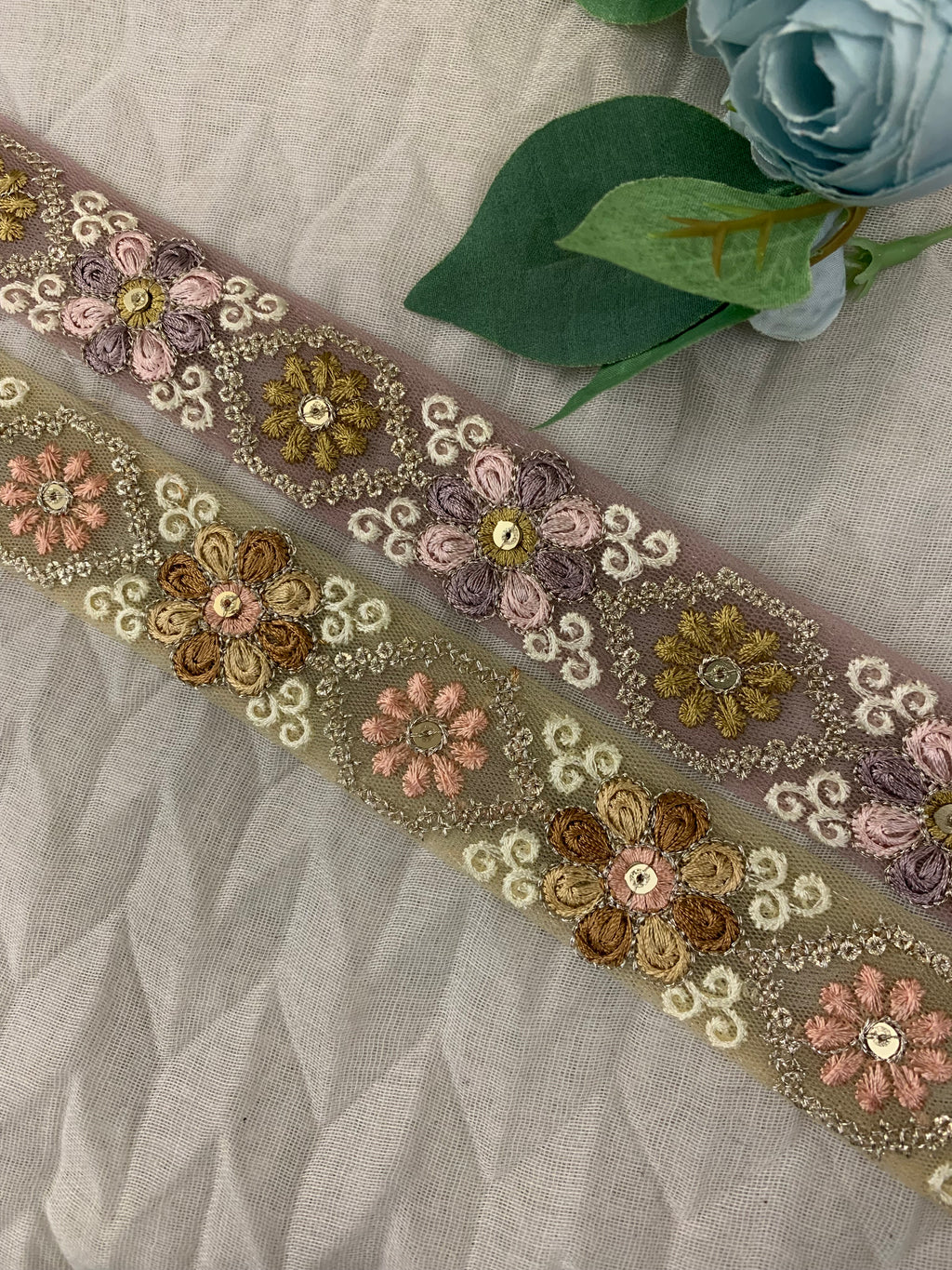 Floral Embroidered Tulle Lace Trim with Sequin Accents