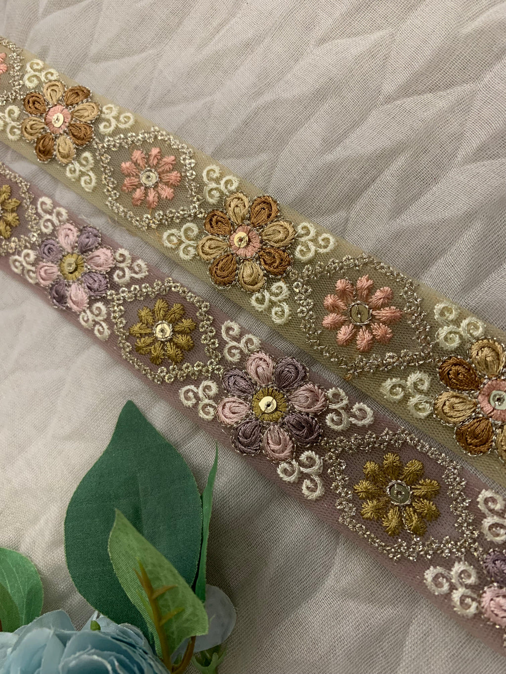 Floral Embroidered Tulle Lace Trim with Sequin Accents