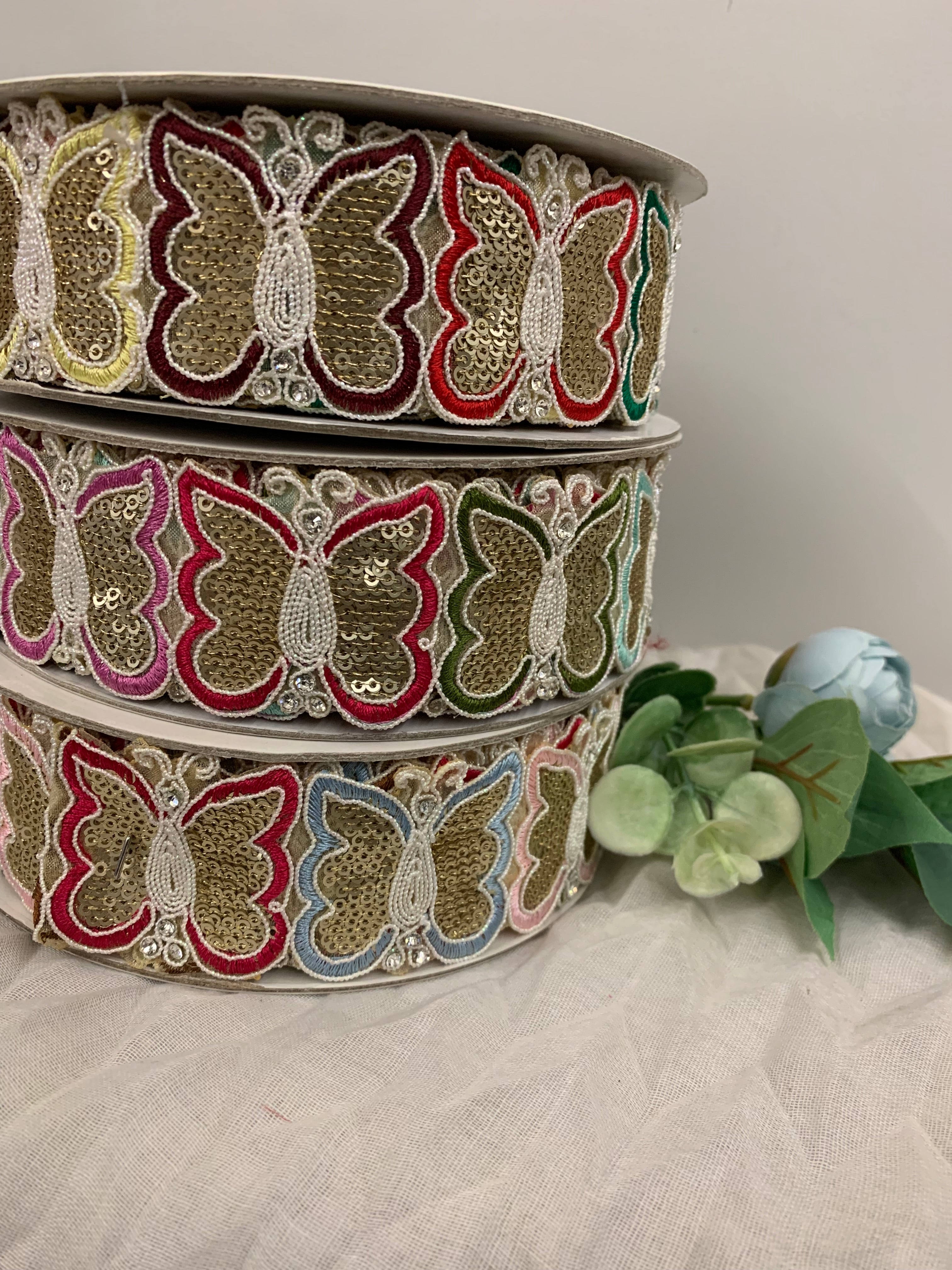 Golden Sequin Butterfly Lace Trim
