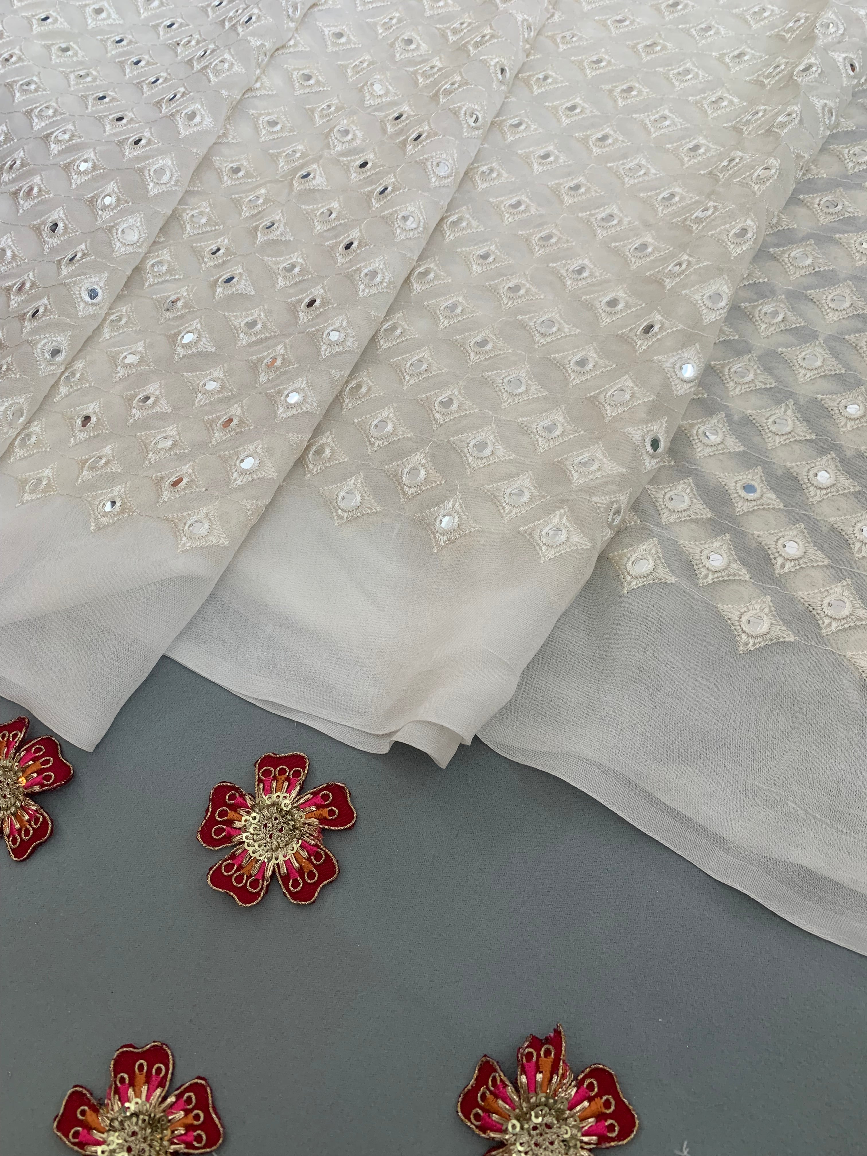 Ivory Mirror Work Geometric Embroidered Fabric