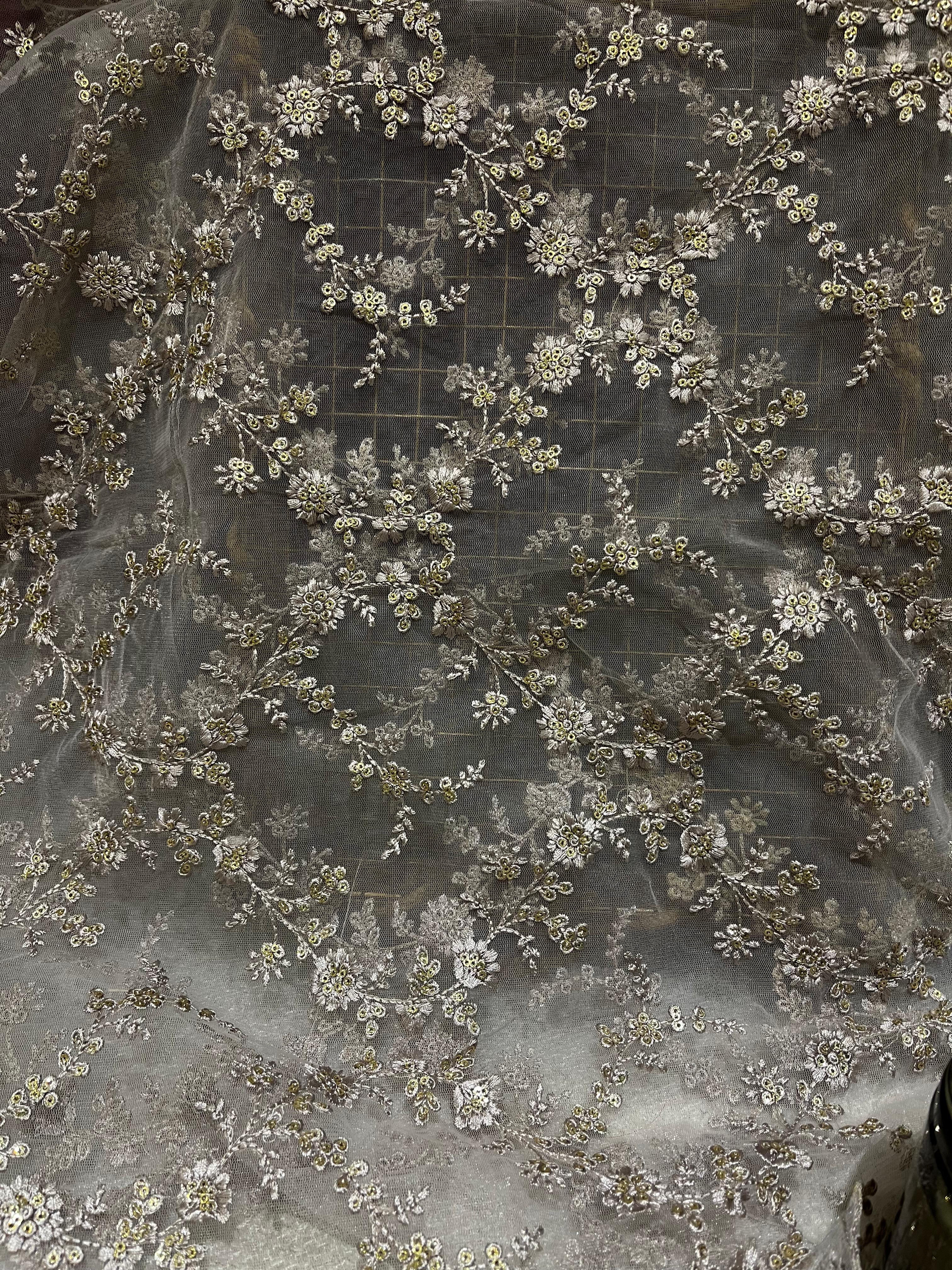 Grey Embroidered Net Fabric