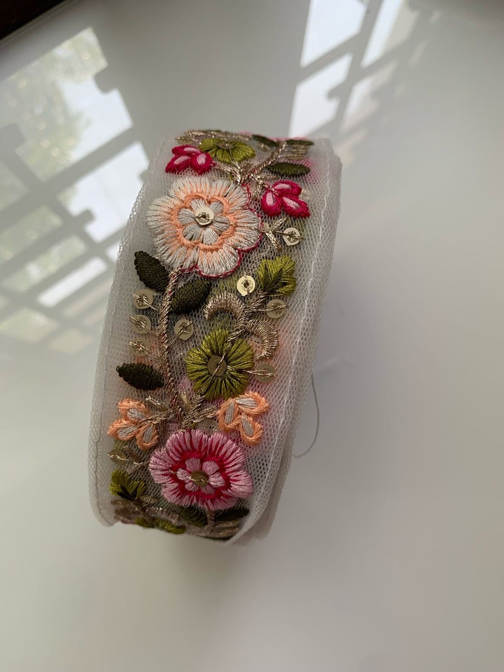 Hand-Embroidered Floral Net Lace with Sequin