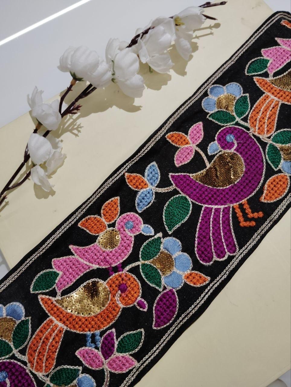 Embroidered Bird Motif Silk Ribbon