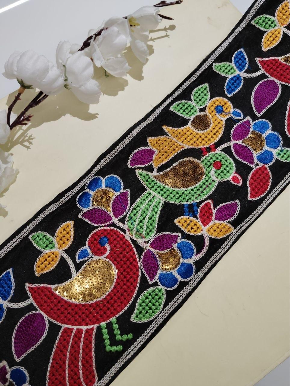 Embroidered Bird Motif Silk Ribbon