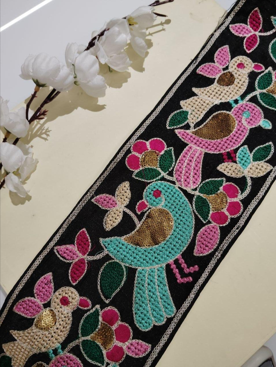 Embroidered Bird Motif Silk Ribbon