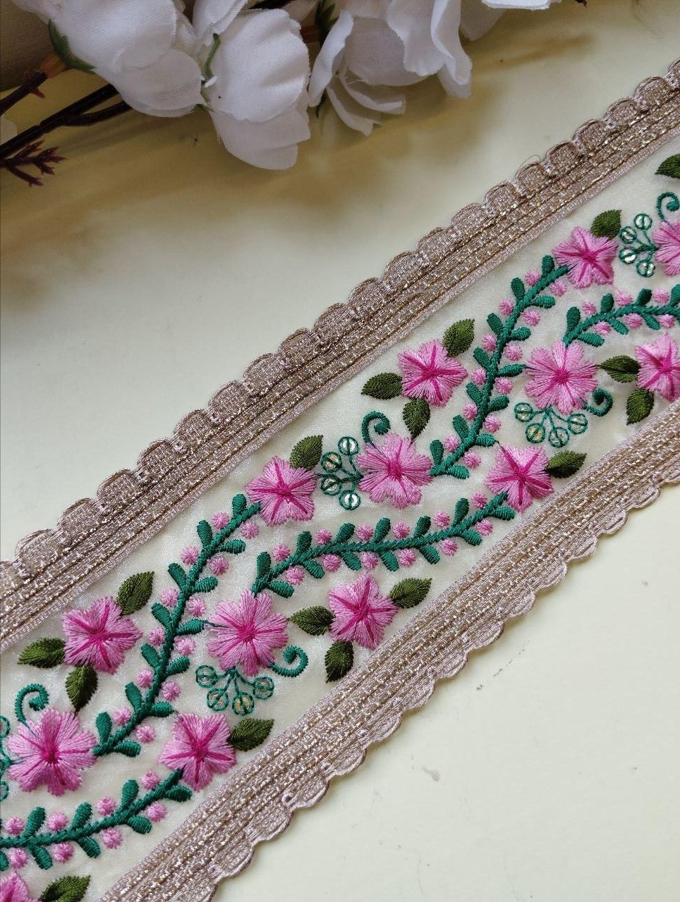 Embroidered Floral Lace with Gold Scalloped Border