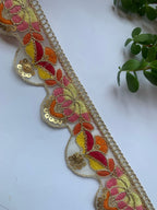 Premium Multicolored Floral Embroidery Lace Trim with Gold Sequin Accents