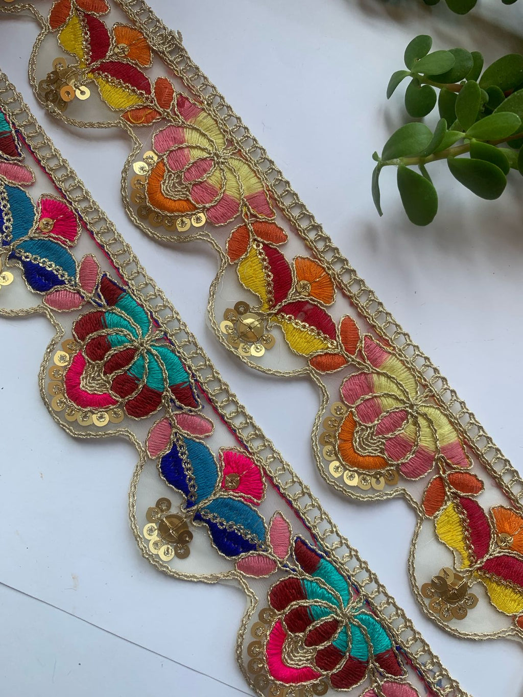 Premium Multicolored Floral Embroidery Lace Trim with Gold Sequin Accents