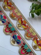 Premium Multicolored Floral Embroidery Lace Trim with Gold Sequin Accents