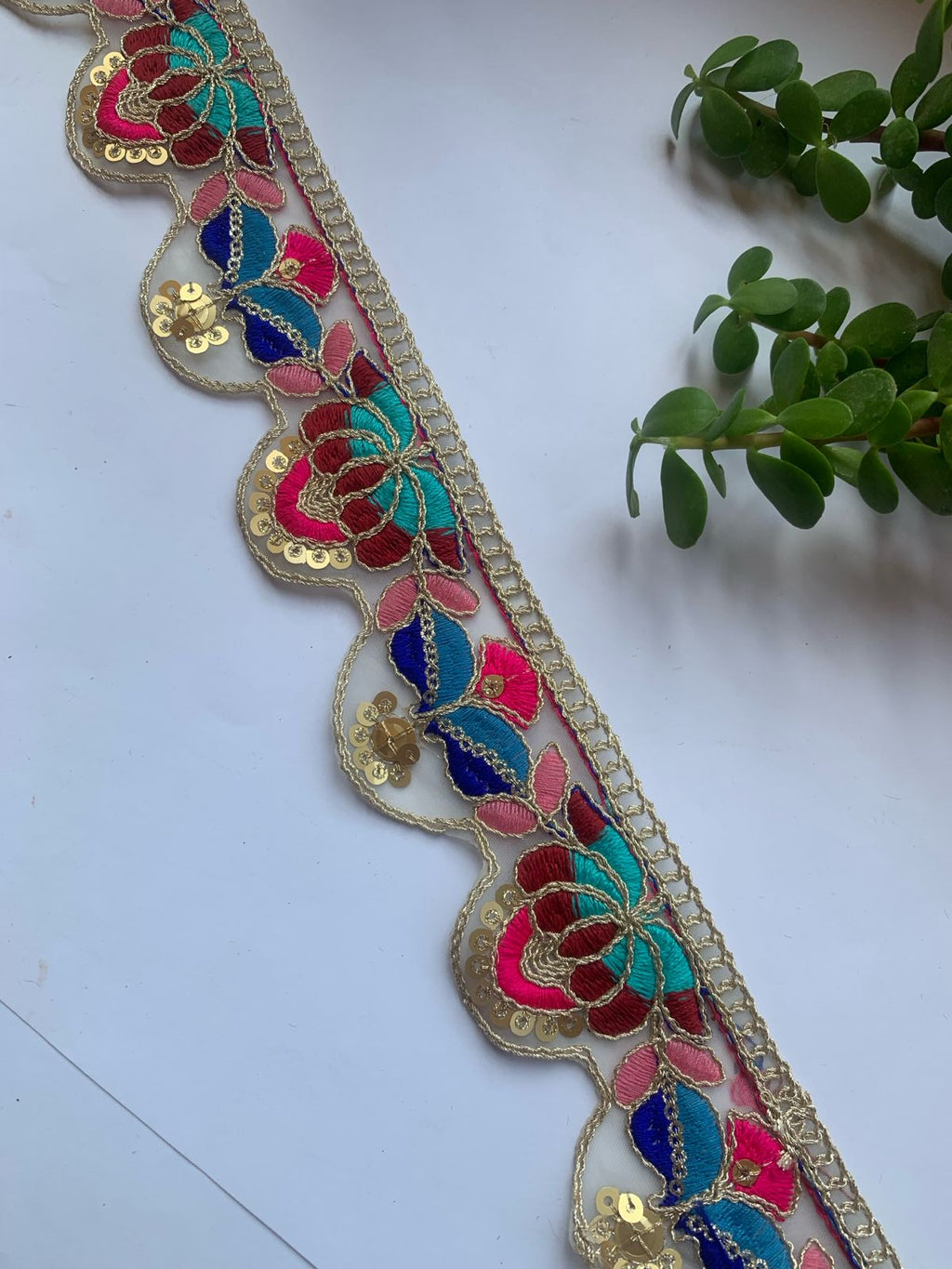 Premium Multicolored Floral Embroidery Lace Trim with Gold Sequin Accents